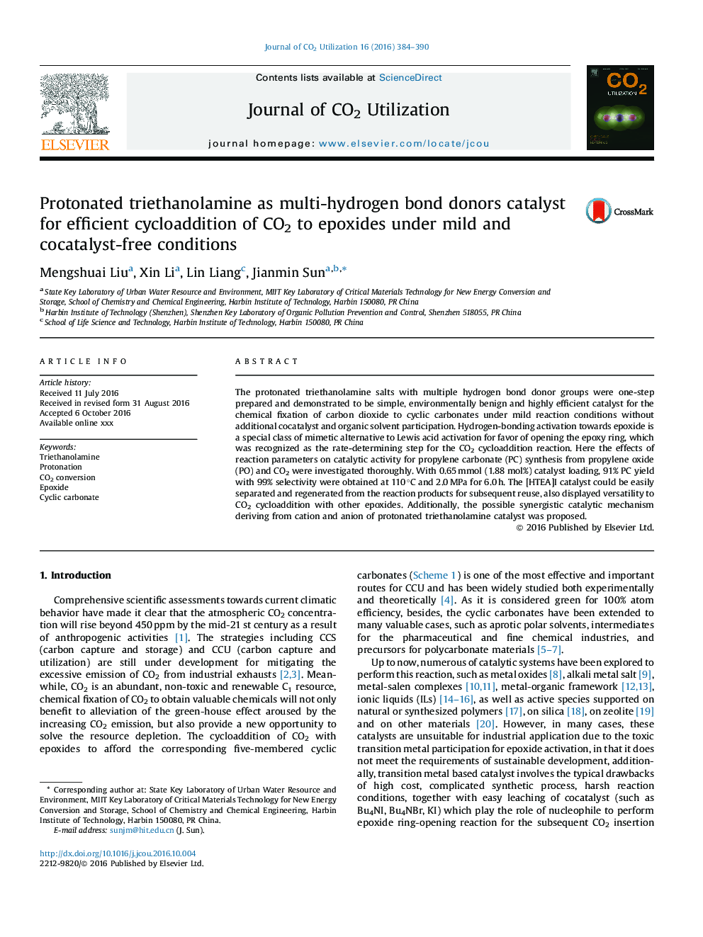 عکس صفحه اول مقاله: Protonated triethanolamine as multi-hydrogen bond donors catalyst for efficient cycloaddition of CO2 to epoxides under mild and cocatalyst-free conditions Protonated triethanolamine as multi-hydrogen bond donors catalyst for efficient cycloaddition of CO2 to epoxides under mild and cocatalyst-free conditions