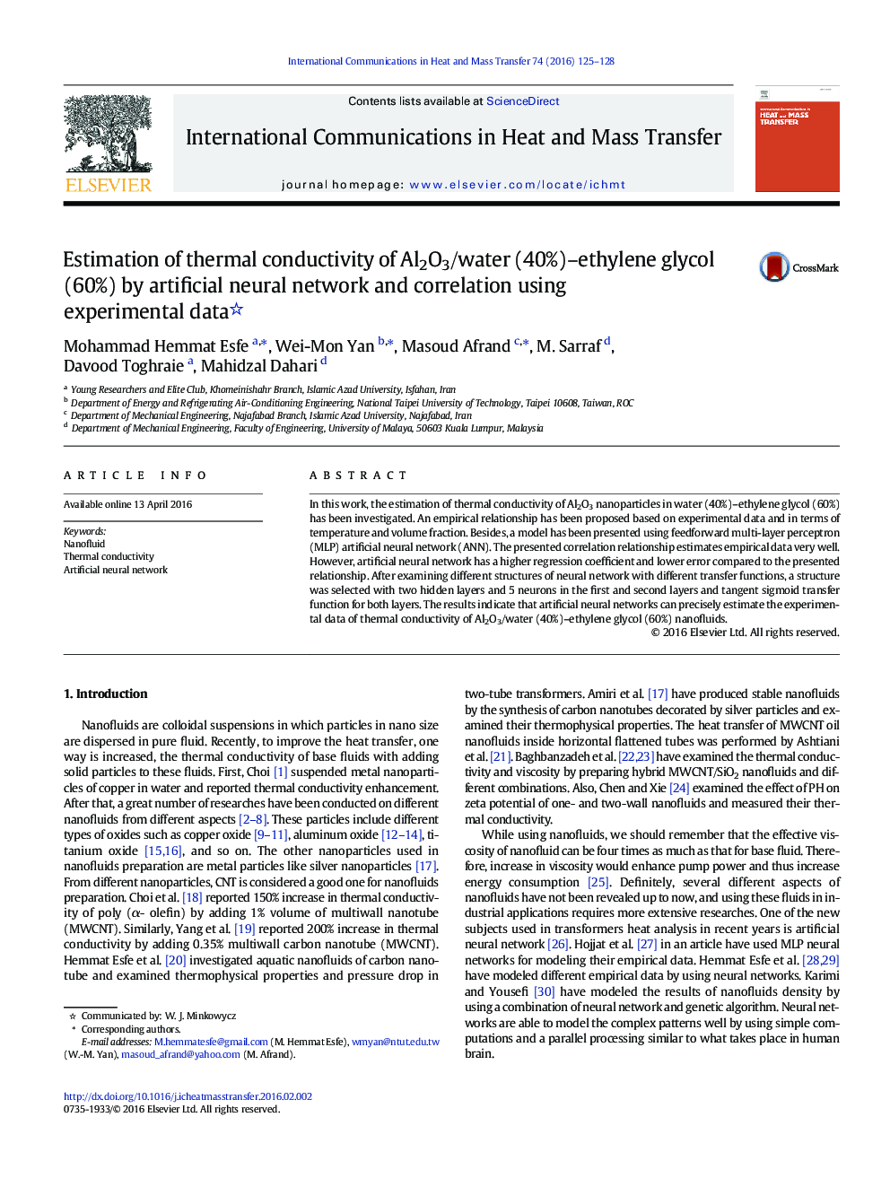 Estimation of thermal conductivity of Al2O3/water (40%)–ethylene glycol (60%) by artificial neural network and correlation using experimental data 