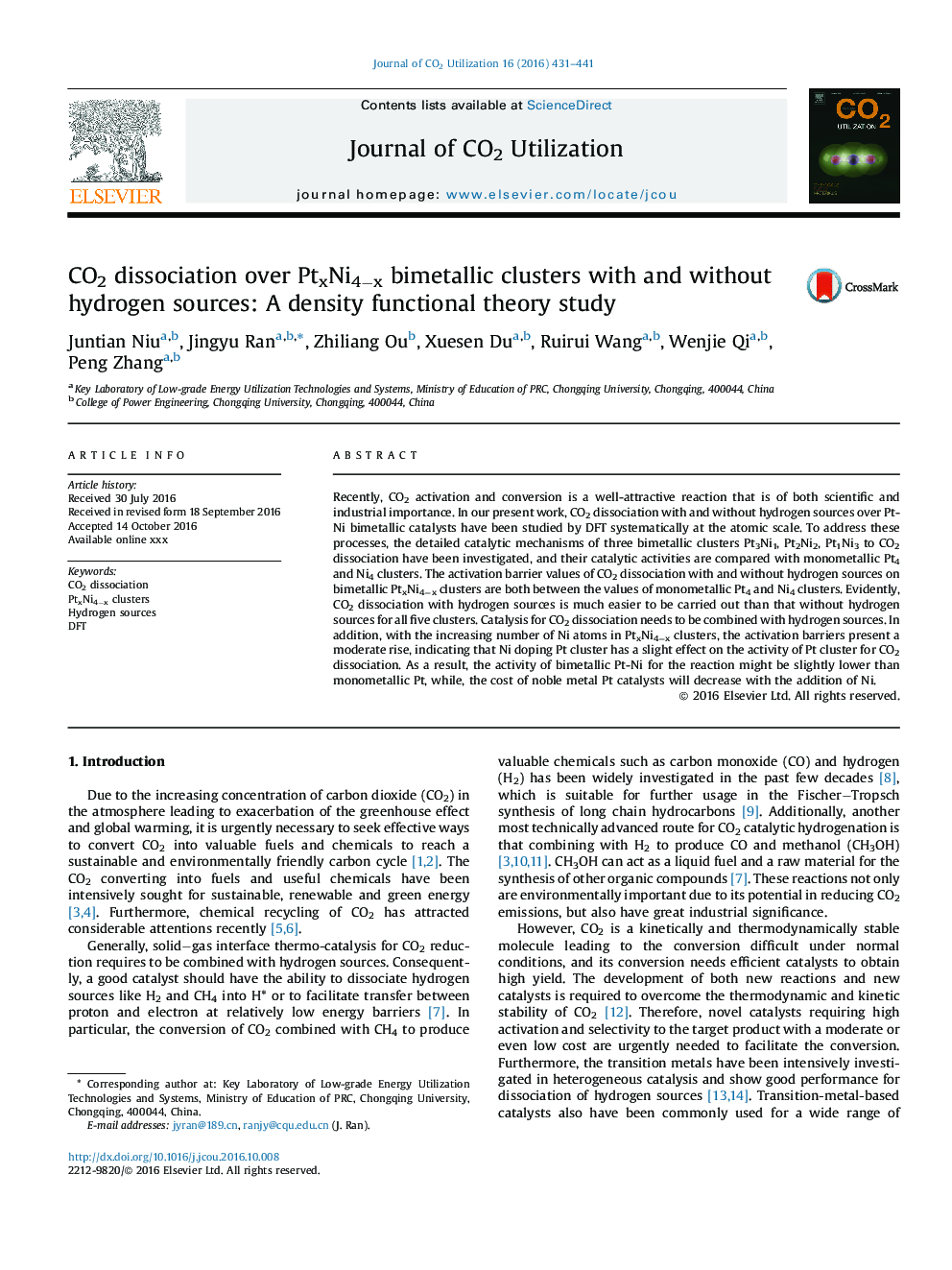 CO2 dissociation over PtxNi4âx bimetallic clusters with and without hydrogen sources: A density functional theory study