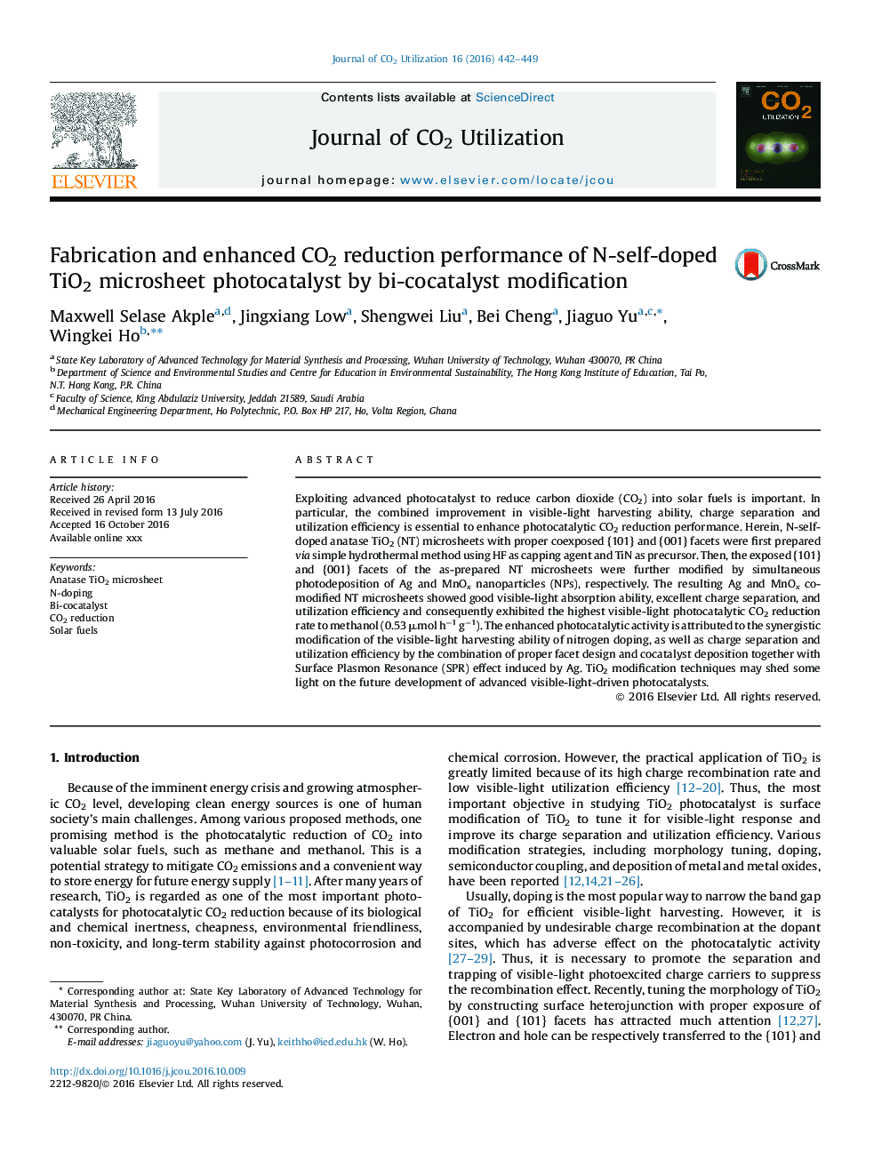 Fabrication and enhanced CO2 reduction performance of N-self-doped TiO2 microsheet photocatalyst by bi-cocatalyst modification