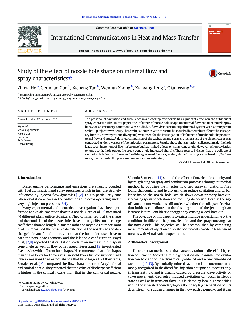 Study of the effect of nozzle hole shape on internal flow and spray characteristics 