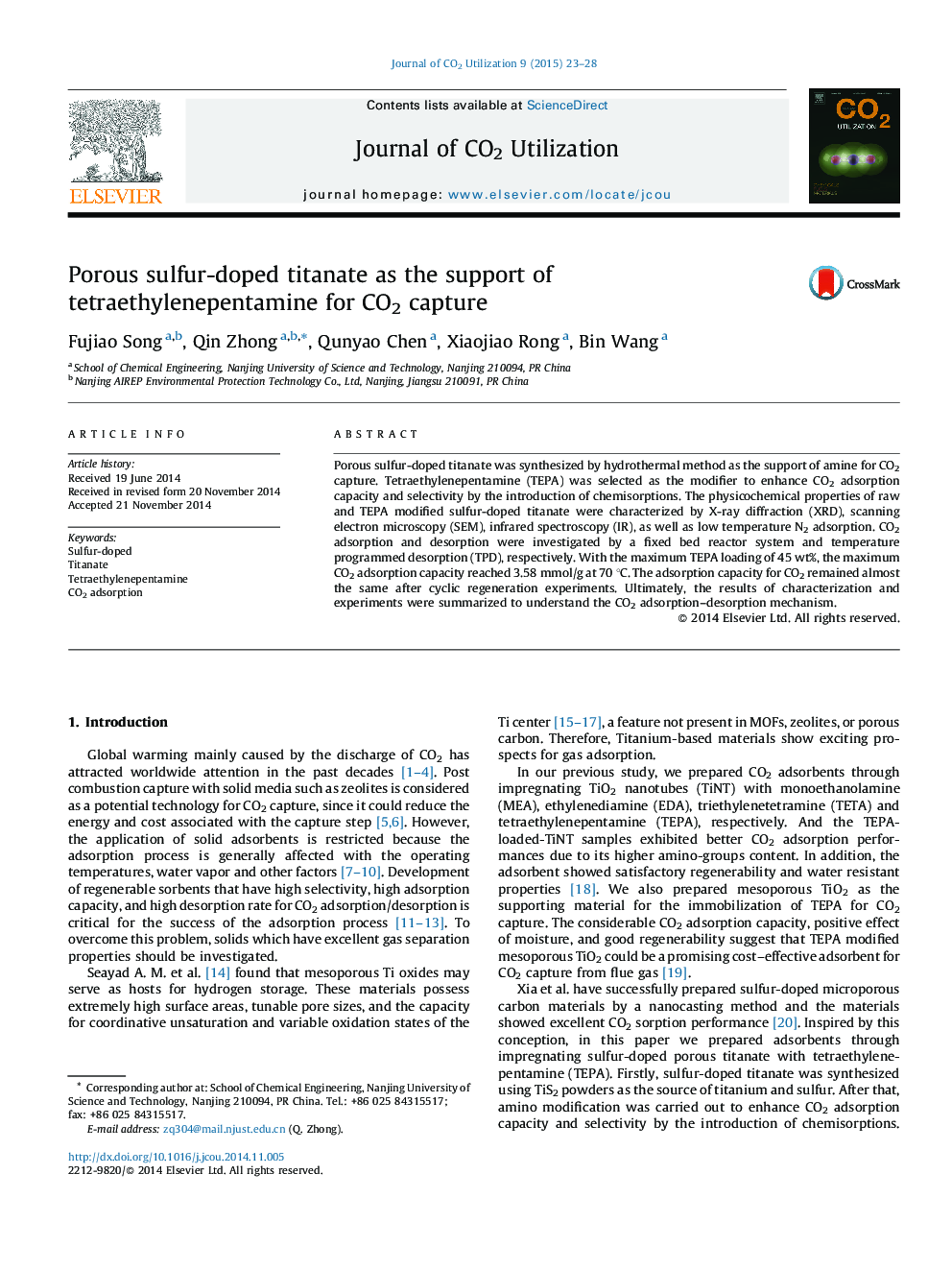 عکس صفحه اول مقاله: Porous sulfur-doped titanate as the support of tetraethylenepentamine for CO2 capture Porous sulfur-doped titanate as the support of tetraethylenepentamine for CO2 capture