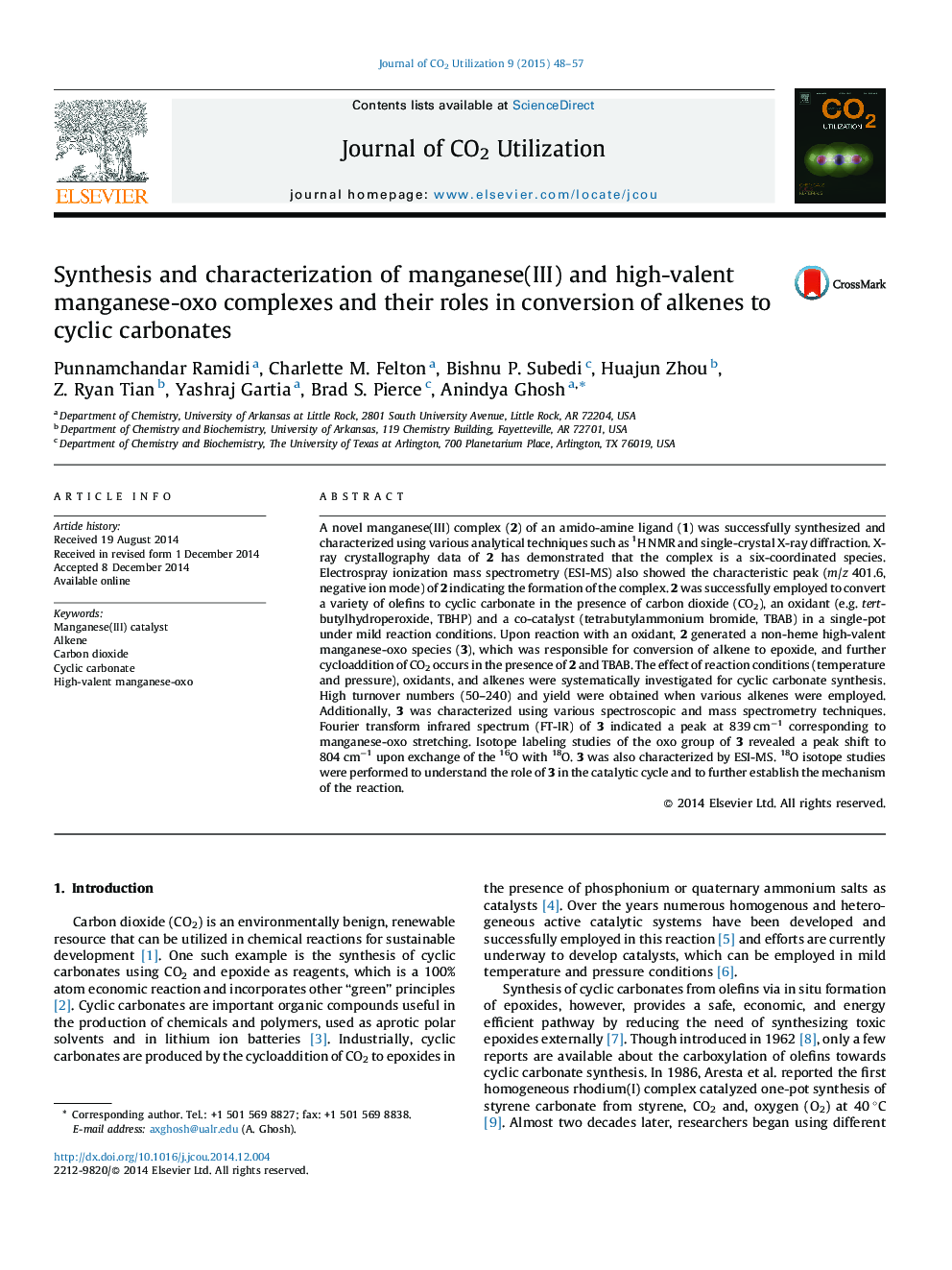 Synthesis and characterization of manganese(III) and high-valent manganese-oxo complexes and their roles in conversion of alkenes to cyclic carbonates