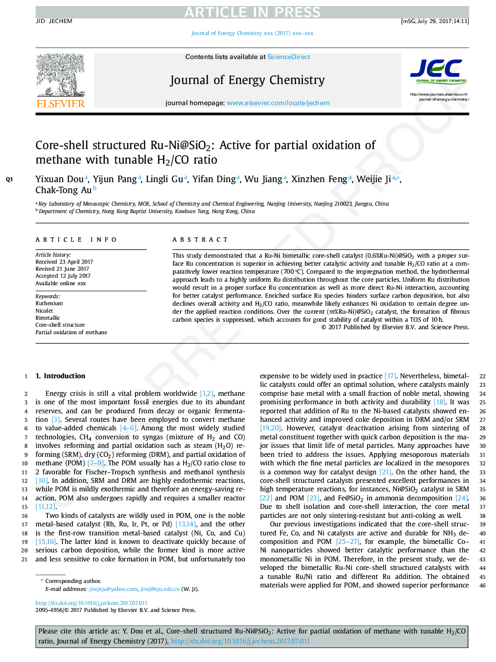 Core-shell structured Ru-Ni@SiO2: Active for partial oxidation of methane with tunable H2/CO ratio