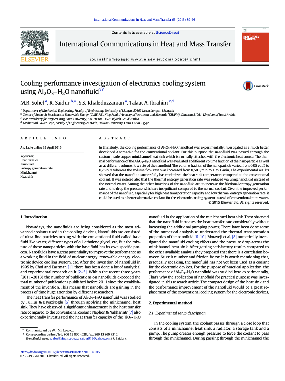 Cooling performance investigation of electronics cooling system using Al2O3–H2O nanofluid 