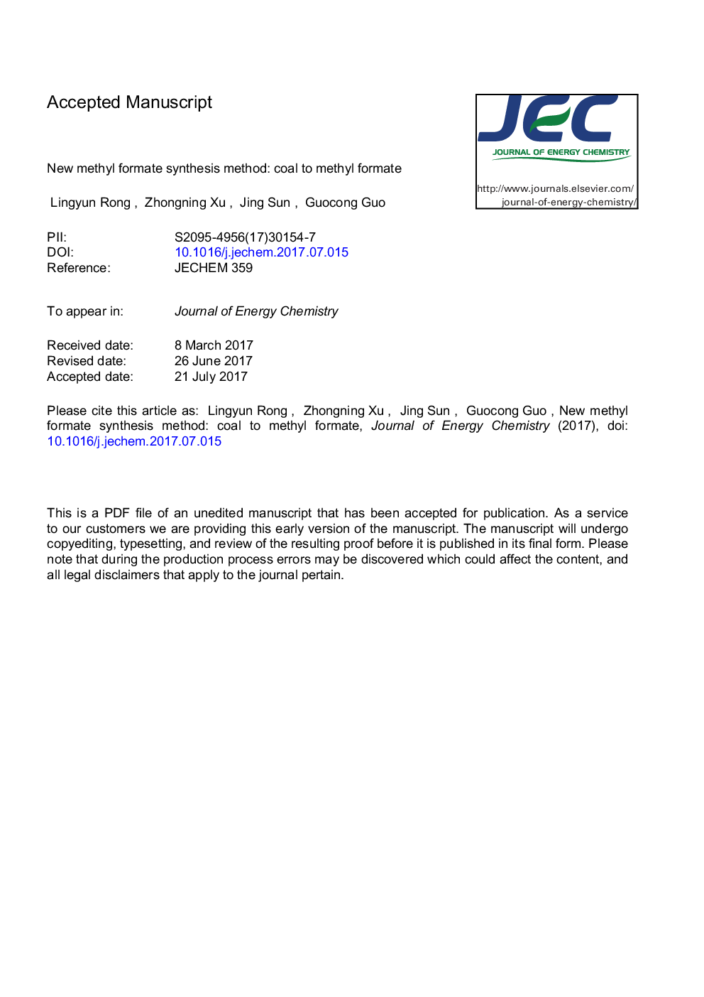 New methyl formate synthesis method: Coal to methyl formate