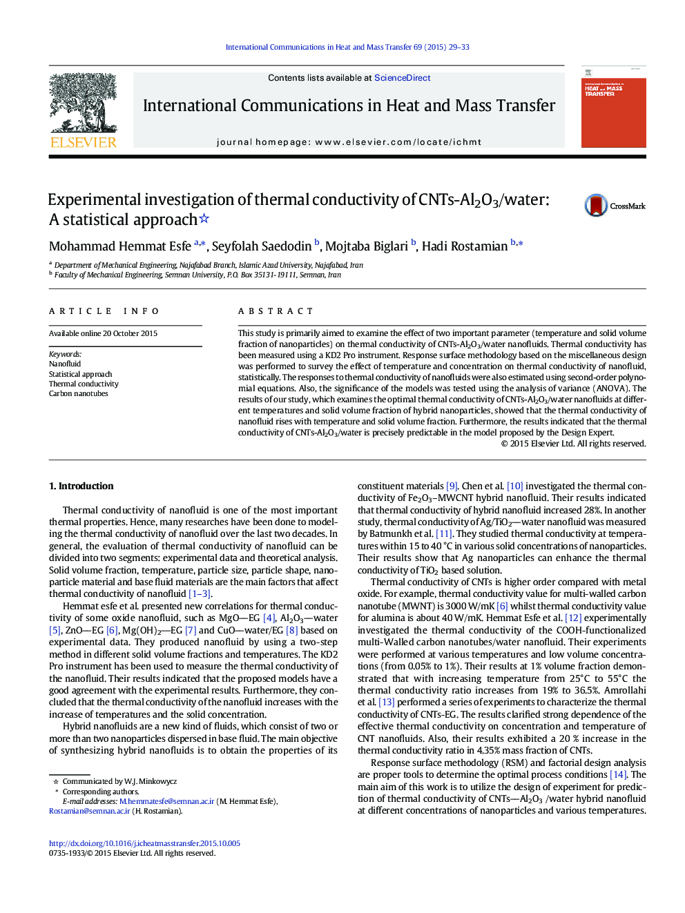 Experimental investigation of thermal conductivity of CNTs-Al2O3/water: A statistical approach 