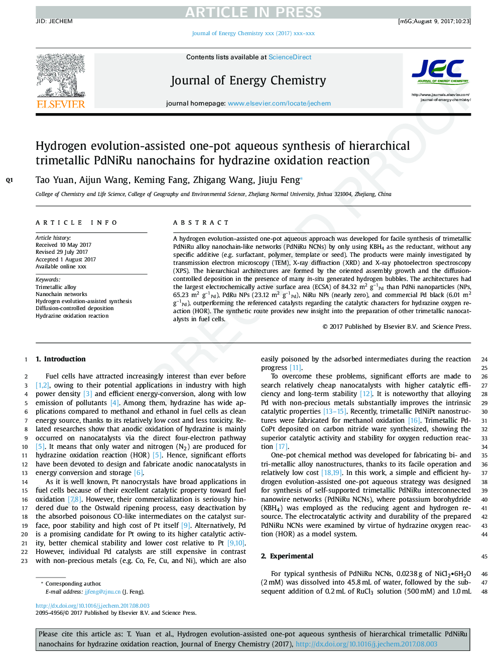 Hydrogen evolution-assisted one-pot aqueous synthesis of hierarchical trimetallic PdNiRu nanochains for hydrazine oxidation reaction