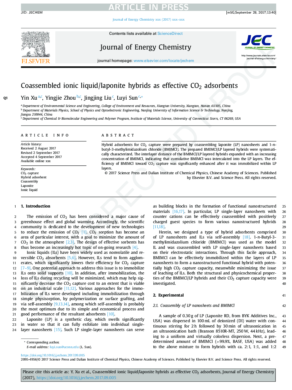 Coassembled ionic liquid/laponite hybrids as effective CO2 adsorbents