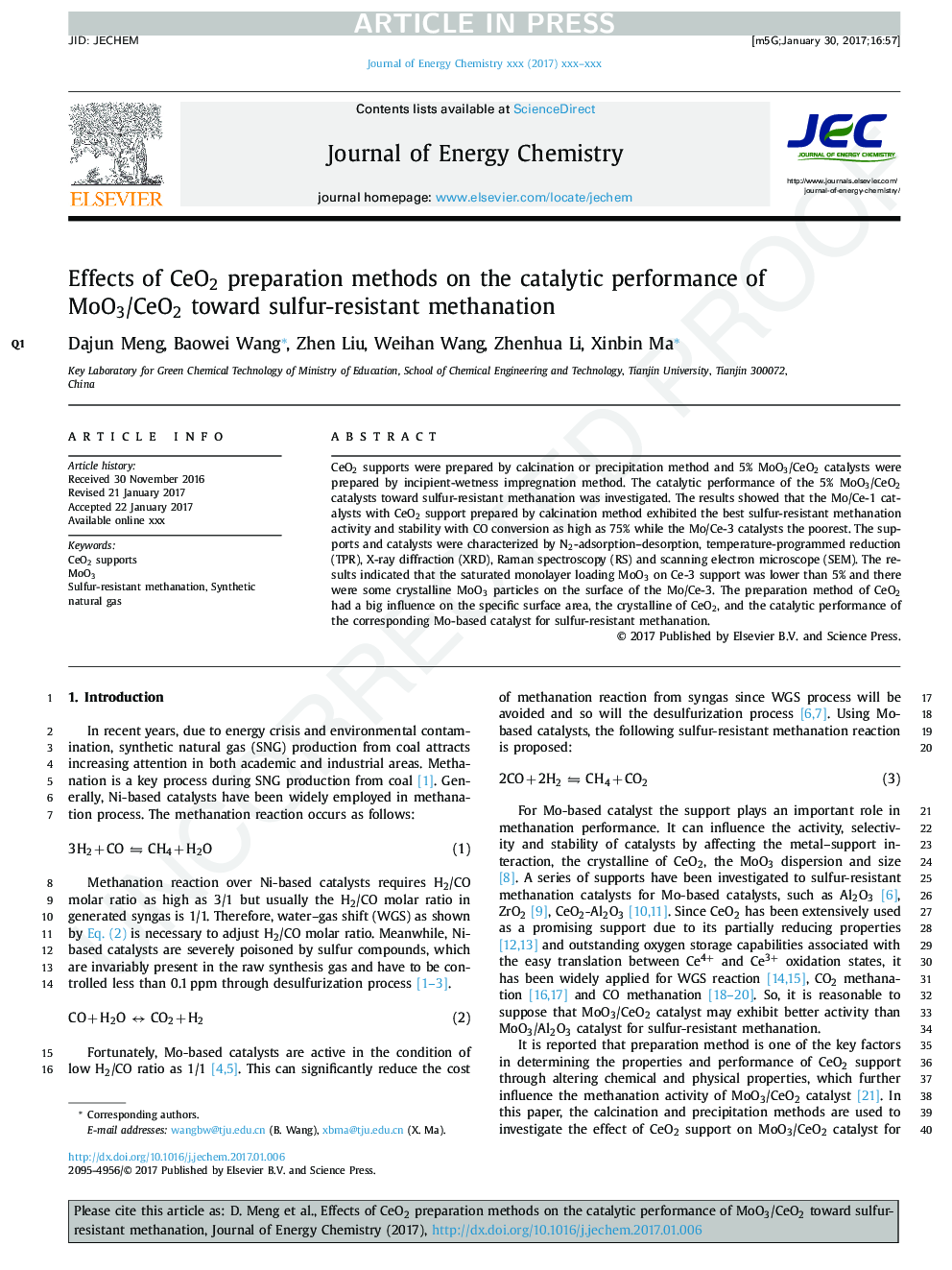 Effects of CeO2 preparation methods on the catalytic performance of MoO3/CeO2 toward sulfur-resistant methanation