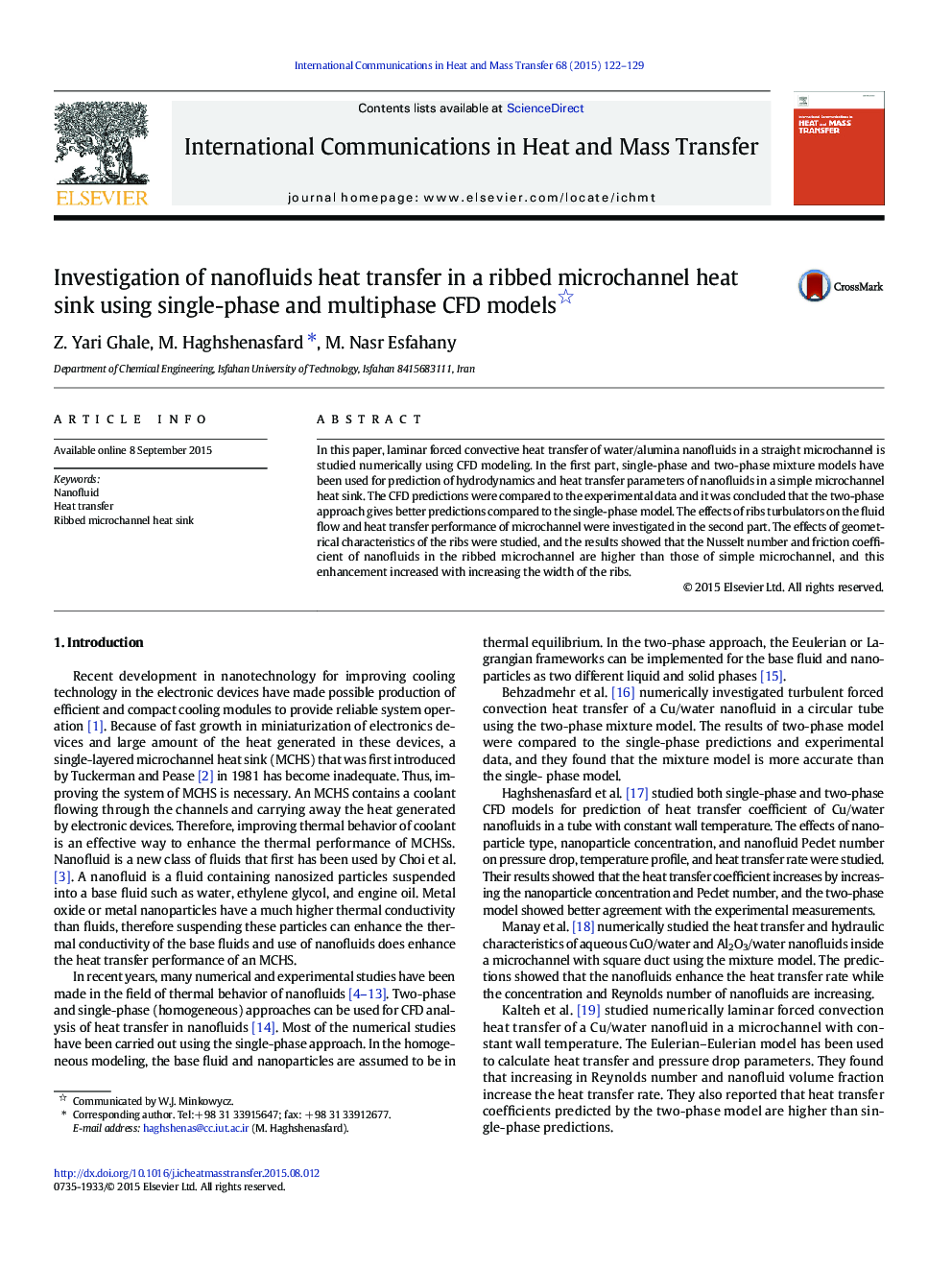 Investigation of nanofluids heat transfer in a ribbed microchannel heat sink using single-phase and multiphase CFD models 