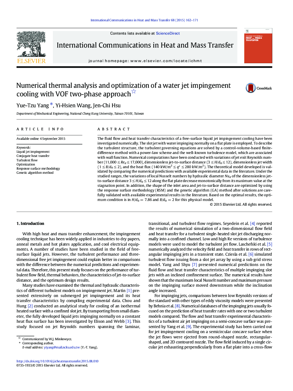 Numerical thermal analysis and optimization of a water jet impingement cooling with VOF two-phase approach 