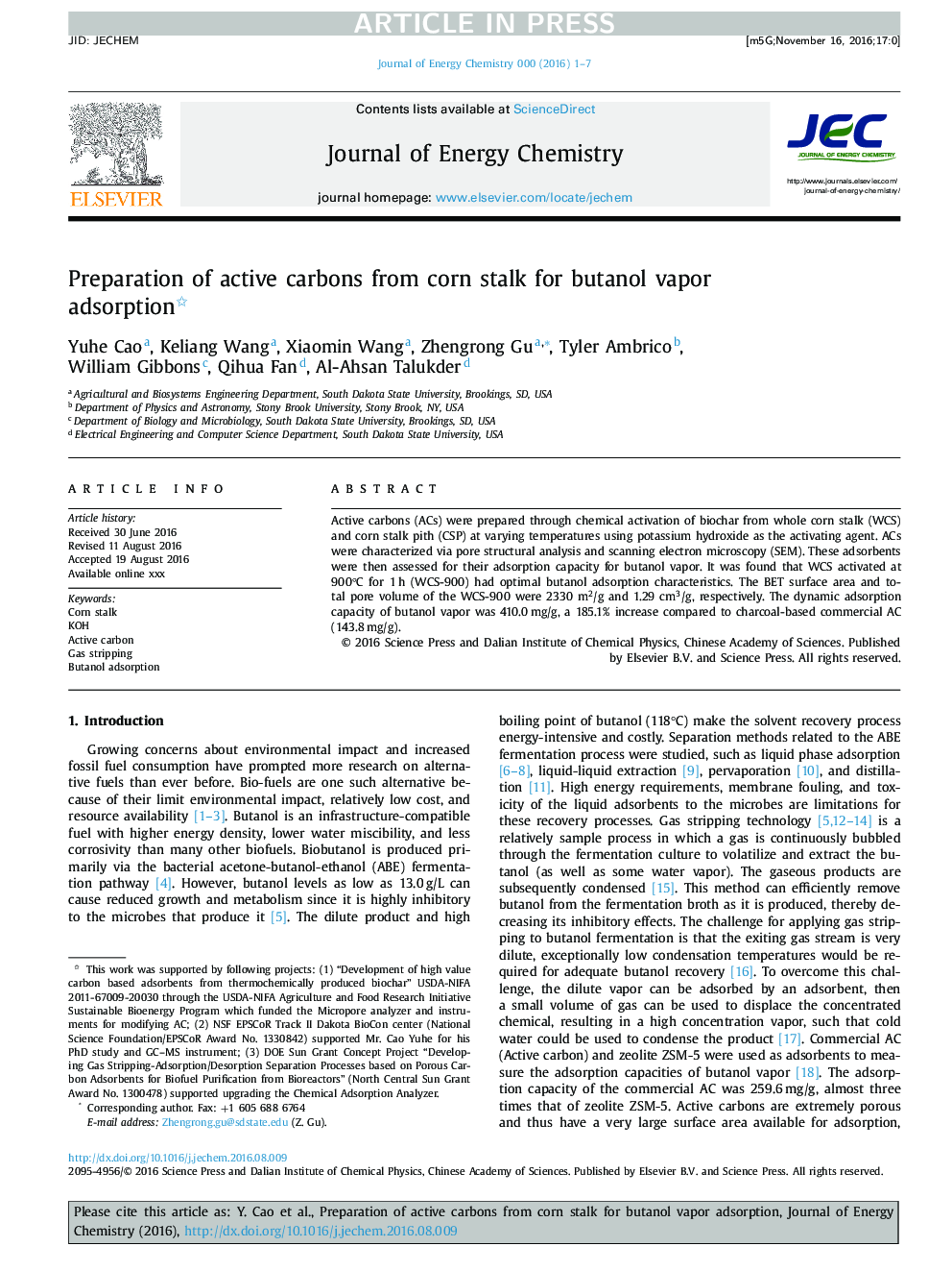 Preparation of active carbons from corn stalk for butanol vapor adsorption