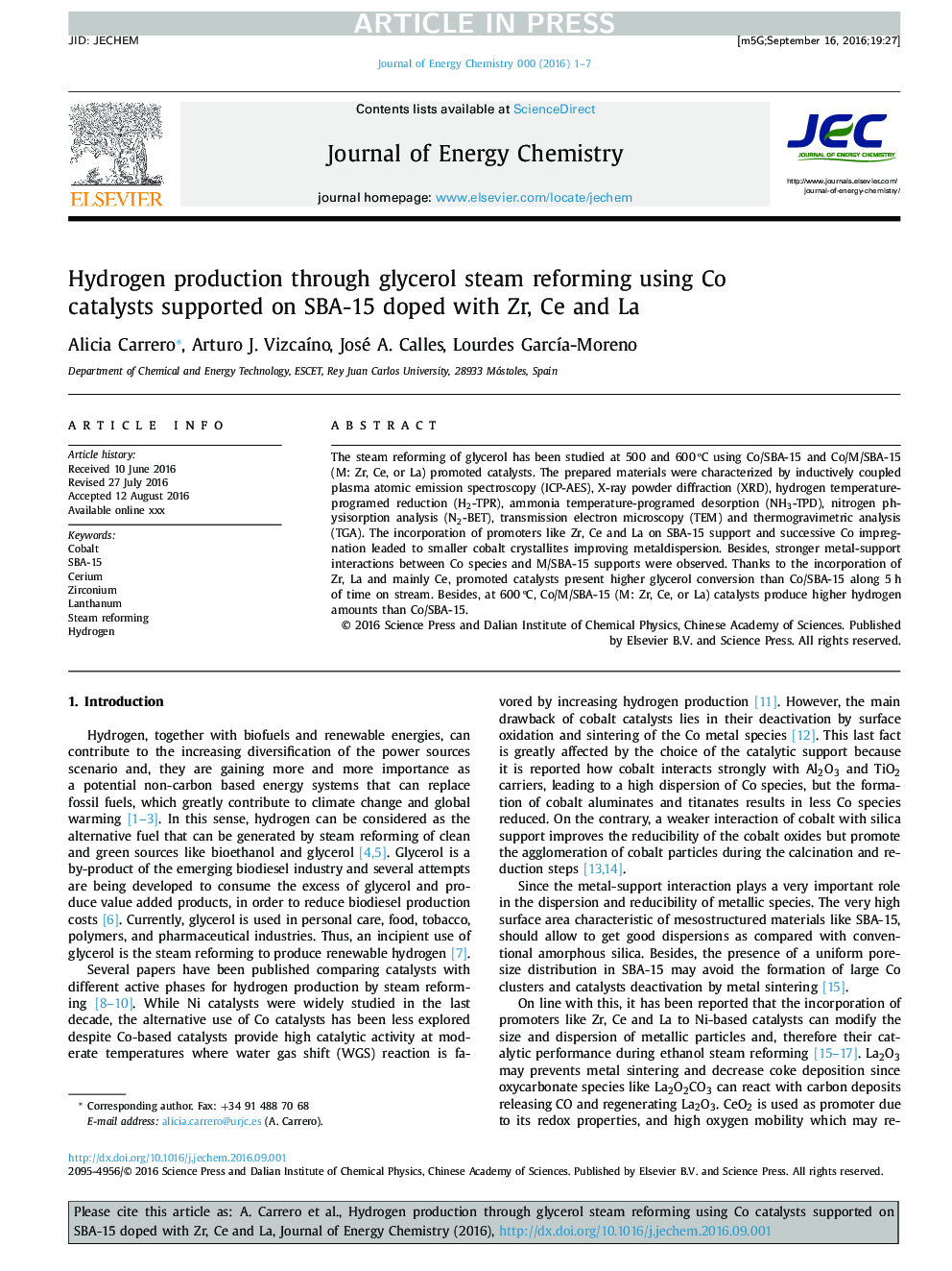 Hydrogen production through glycerol steam reforming using Co catalysts supported on SBA-15 doped with Zr, Ce and La