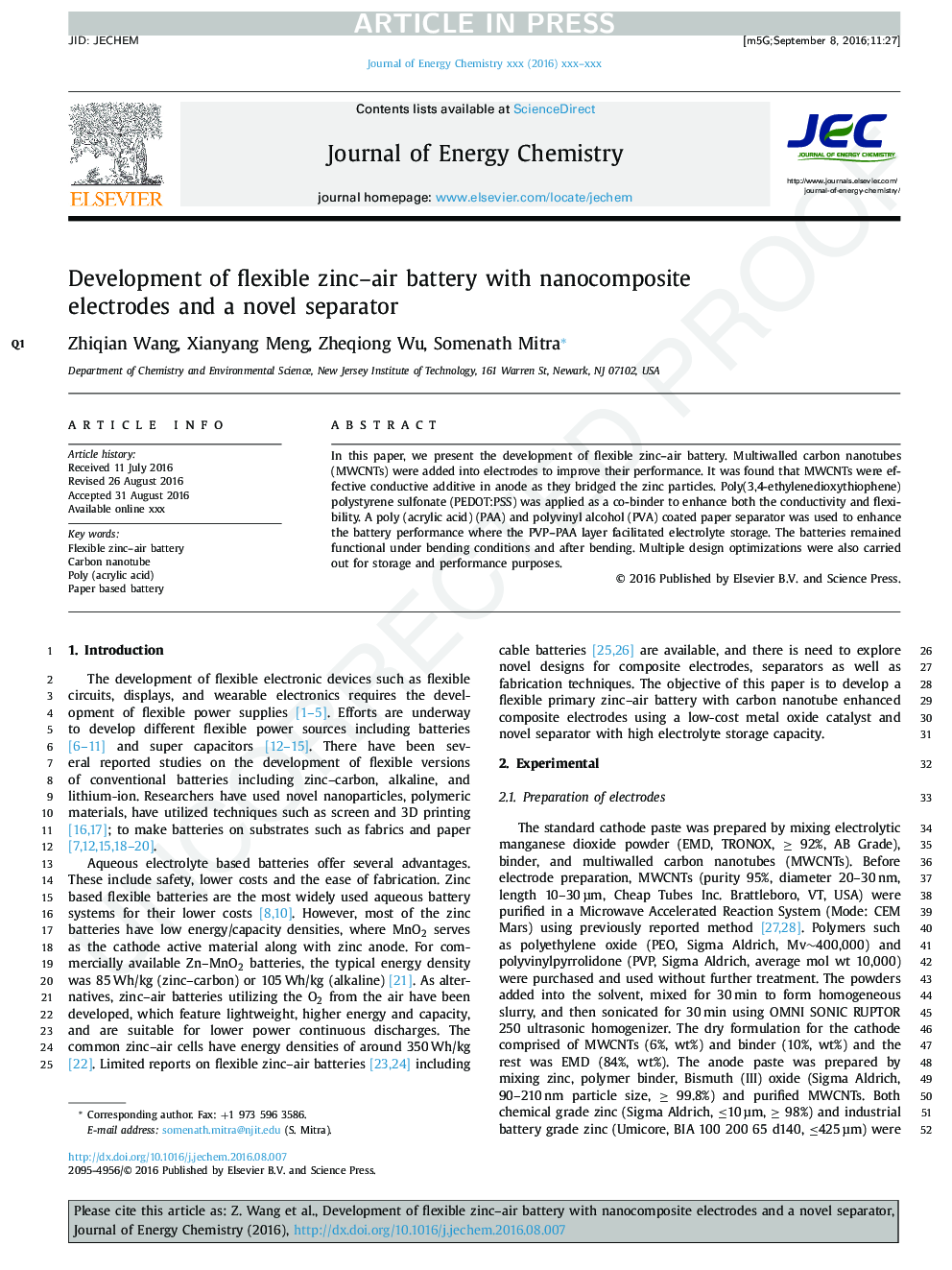 Development of flexible zinc-air battery with nanocomposite electrodes and a novel separator