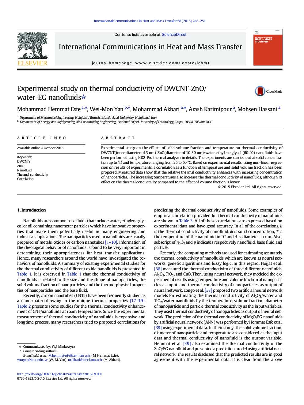 Experimental study on thermal conductivity of DWCNT-ZnO/water-EG nanofluids 