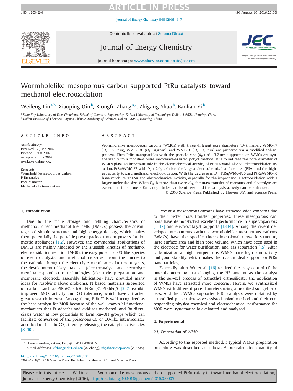 عکس صفحه اول مقاله: Wormholelike mesoporous carbon supported PtRu catalysts toward methanol electrooxidation Wormholelike mesoporous carbon supported PtRu catalysts toward methanol electrooxidation