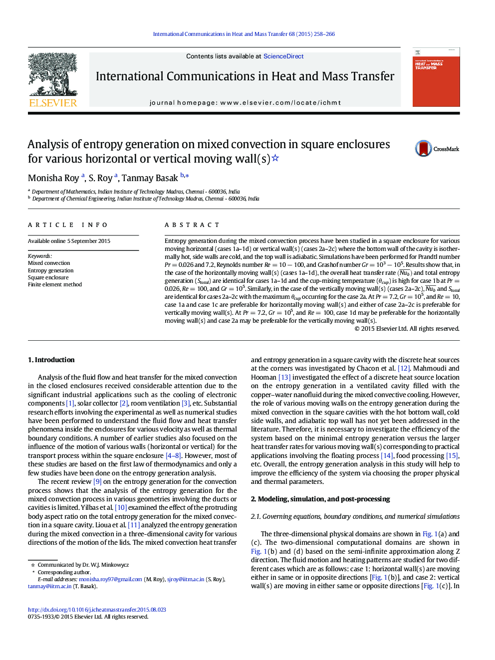 Analysis of entropy generation on mixed convection in square enclosures for various horizontal or vertical moving wall(s) 