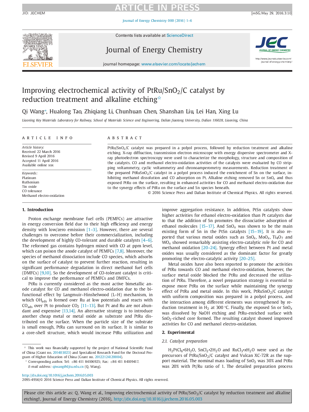 Improving electrochemical activity of PtRu/SnO2/C catalyst by reduction treatment and alkaline etching