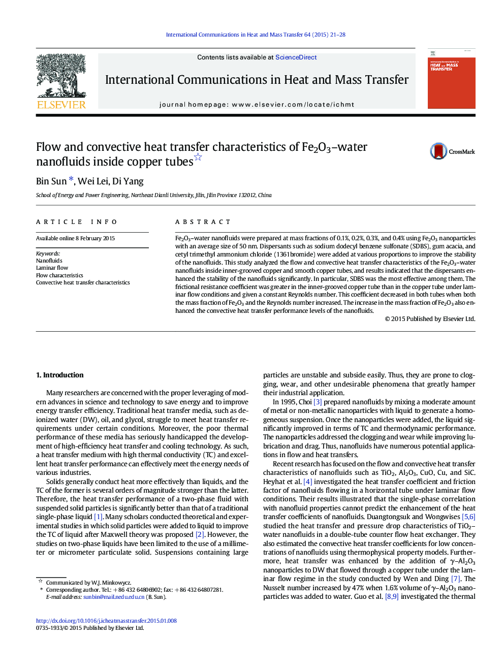 Flow and convective heat transfer characteristics of Fe2O3-water nanofluids inside copper tubes