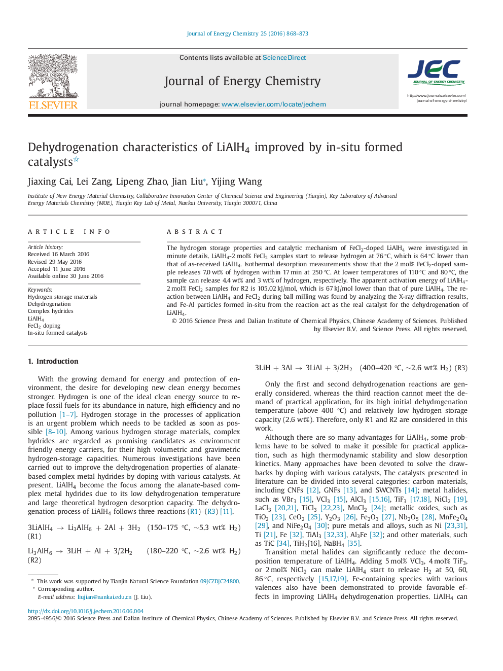 Dehydrogenation characteristics of LiAlH4 improved by in-situ formed catalysts