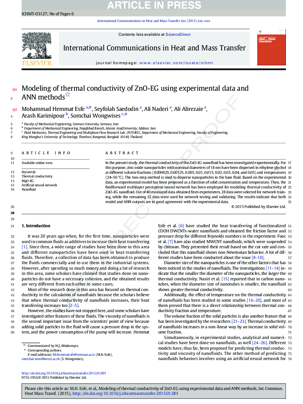 عکس صفحه اول مقاله: Modeling of thermal conductivity of ZnO-EG using experimental data and ANN methods Modeling of thermal conductivity of ZnO-EG using experimental data and ANN methods
