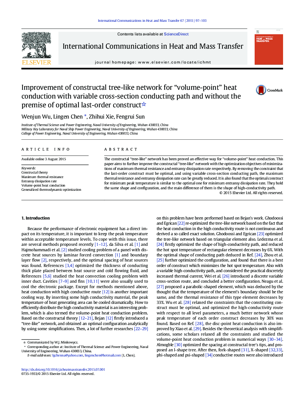 Improvement of constructal tree-like network for “volume-point” heat conduction with variable cross-section conducting path and without the premise of optimal last-order construct 