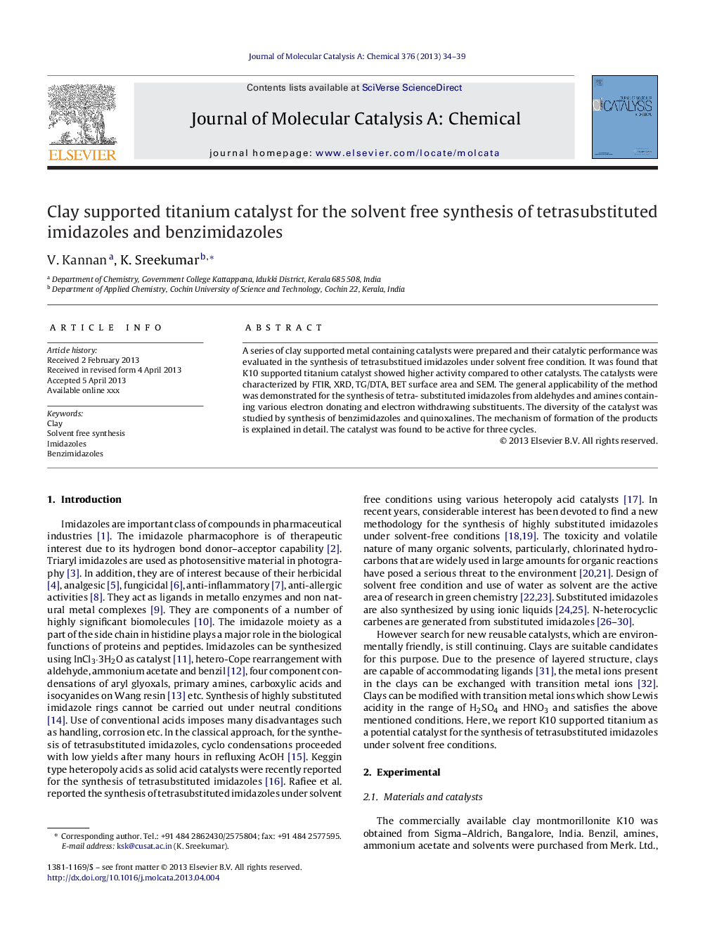 Clay supported titanium catalyst for the solvent free synthesis of tetrasubstituted imidazoles and benzimidazoles