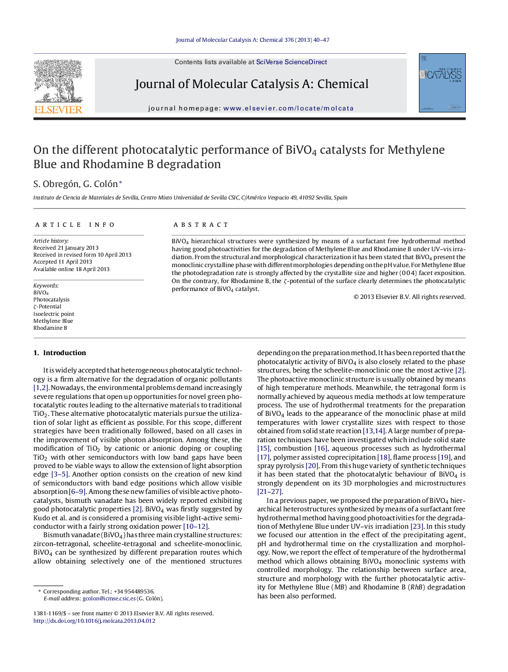عکس صفحه اول مقاله: On the different photocatalytic performance of BiVO4 catalysts for Methylene Blue and Rhodamine B degradation On the different photocatalytic performance of BiVO4 catalysts for Methylene Blue and Rhodamine B degradation