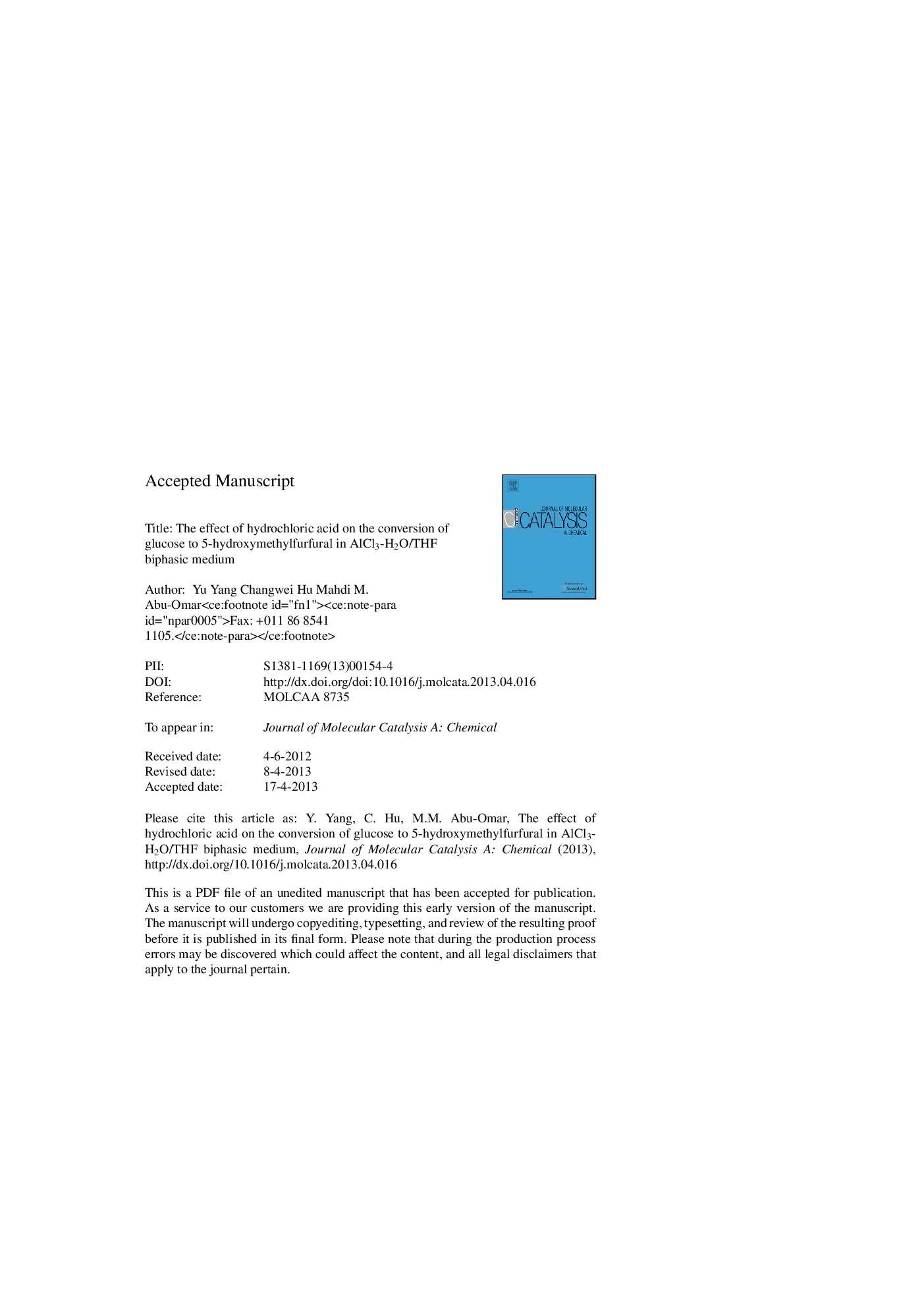 The effect of hydrochloric acid on the conversion of glucose to 5-hydroxymethylfurfural in AlCl3-H2O/THF biphasic medium