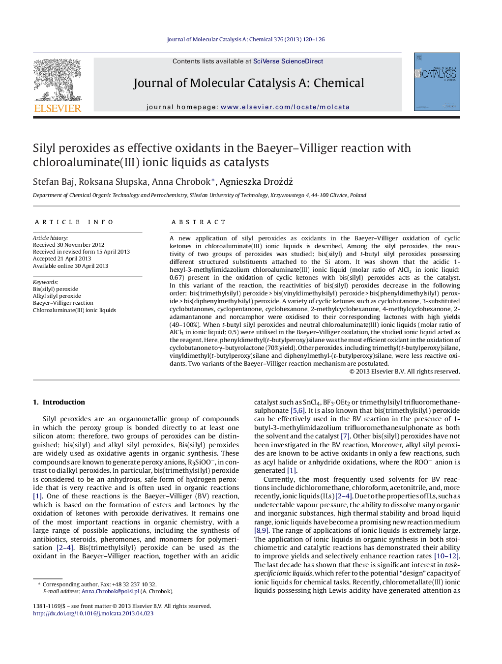 Silyl peroxides as effective oxidants in the Baeyer-Villiger reaction with chloroaluminate(III) ionic liquids as catalysts