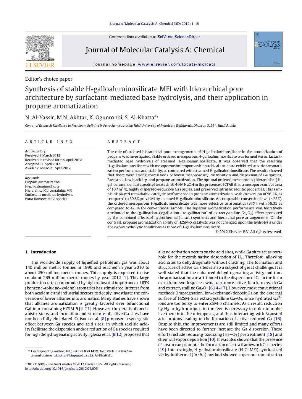 Synthesis of stable H-galloaluminosilicate MFI with hierarchical pore architecture by surfactant-mediated base hydrolysis, and their application in propane aromatization