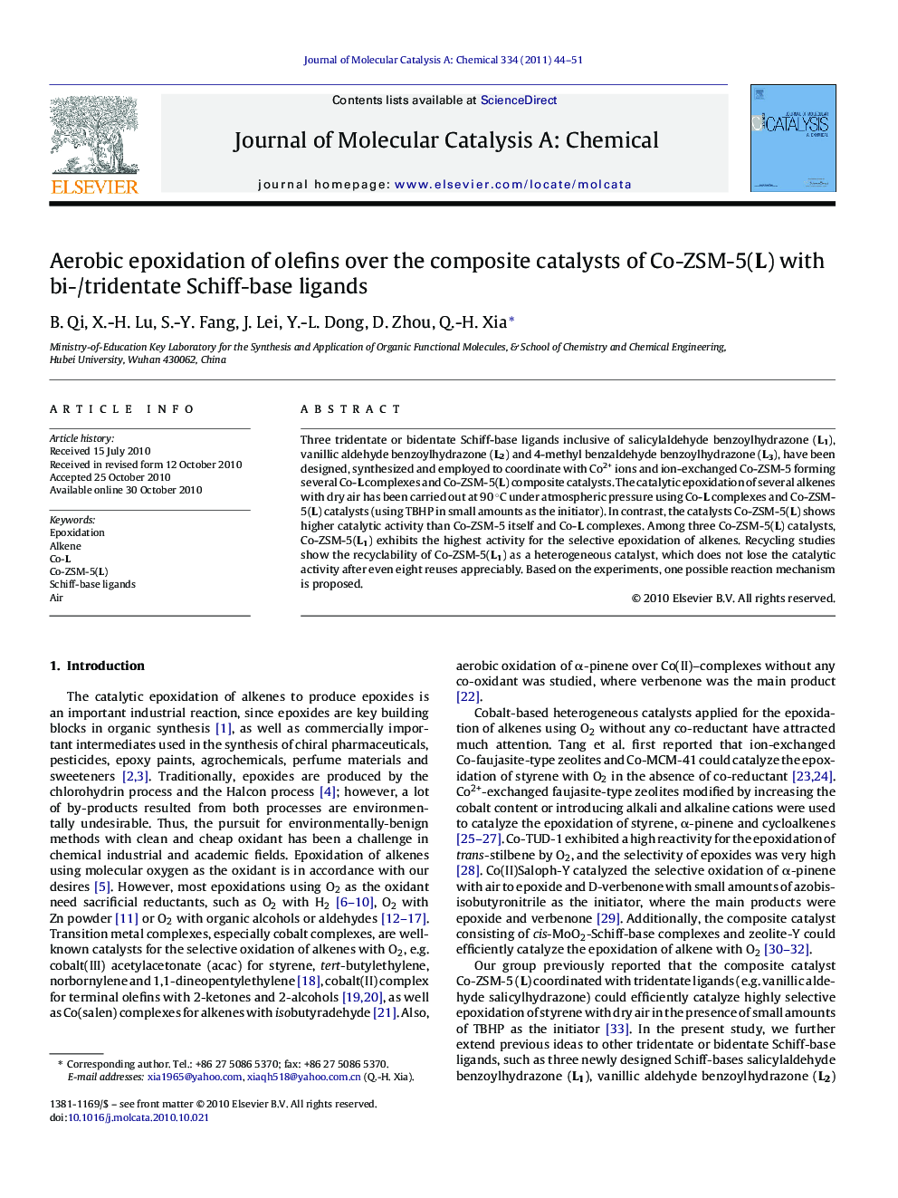 Aerobic epoxidation of olefins over the composite catalysts of Co-ZSM-5(L) with bi-/tridentate Schiff-base ligands