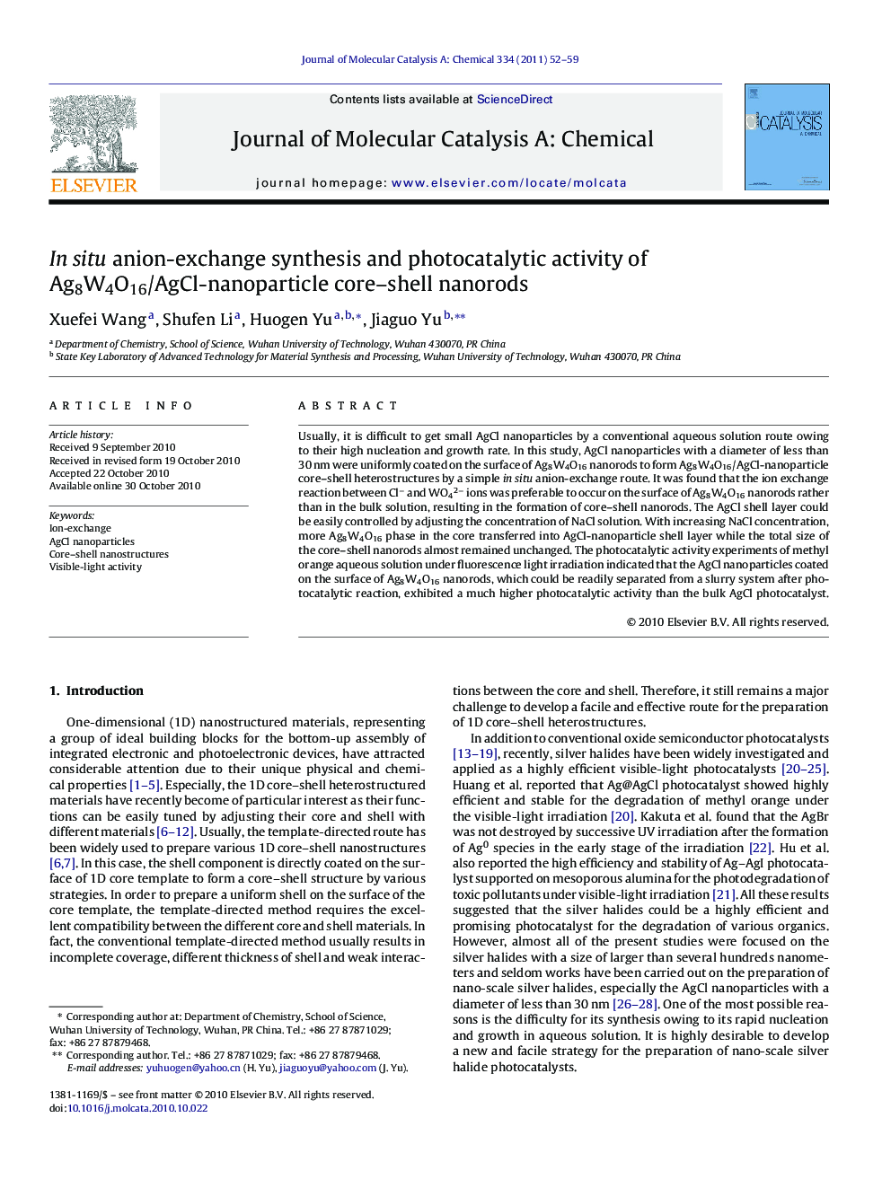 In situ anion-exchange synthesis and photocatalytic activity of Ag8W4O16/AgCl-nanoparticle core-shell nanorods