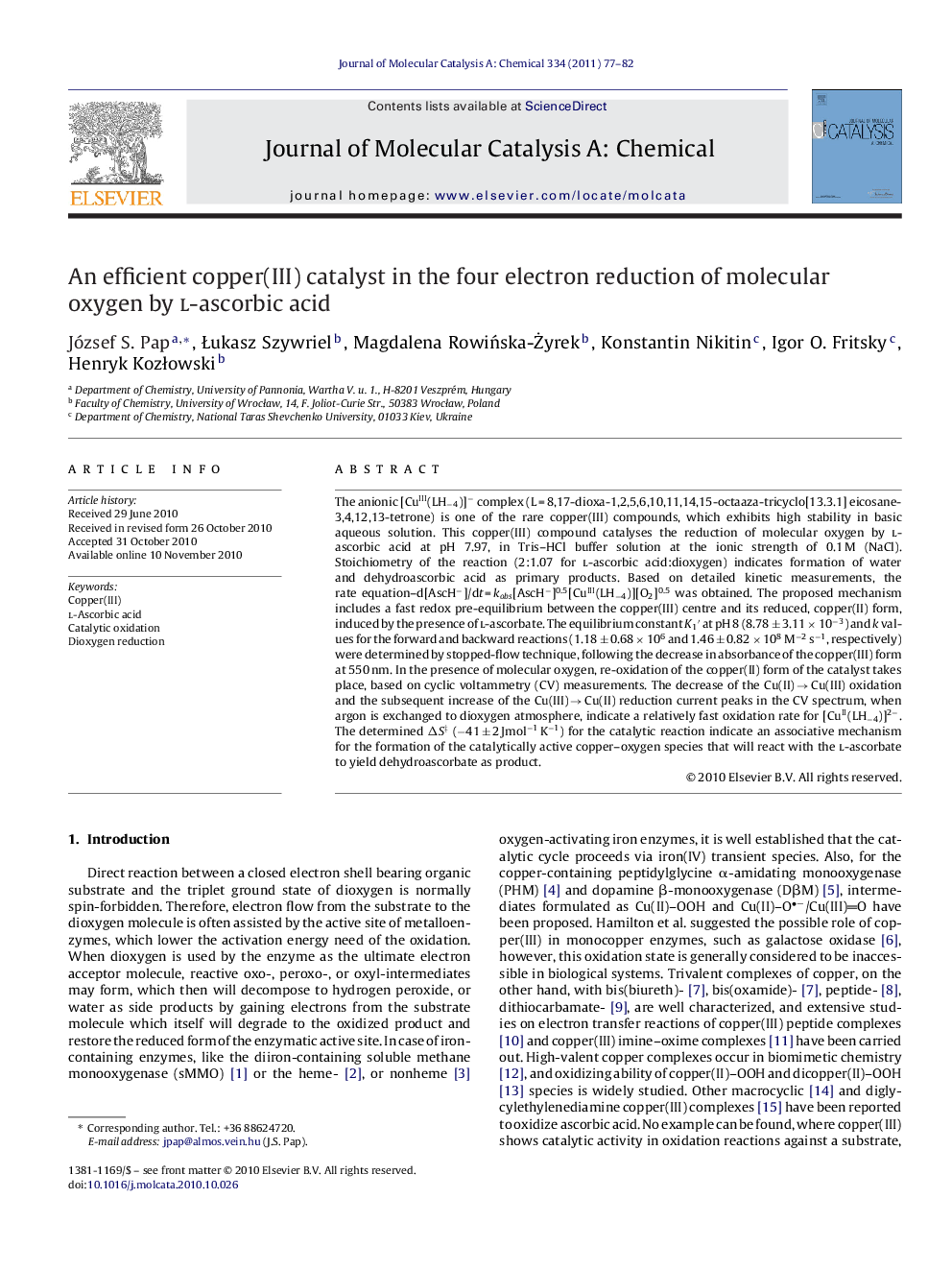 An efficient copper(III) catalyst in the four electron reduction of molecular oxygen by l-ascorbic acid