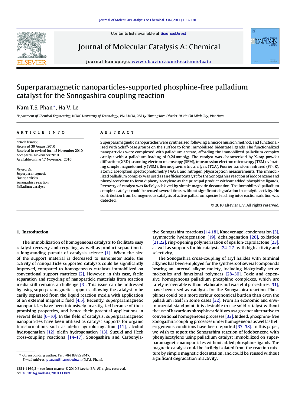 Superparamagnetic nanoparticles-supported phosphine-free palladium catalyst for the Sonogashira coupling reaction