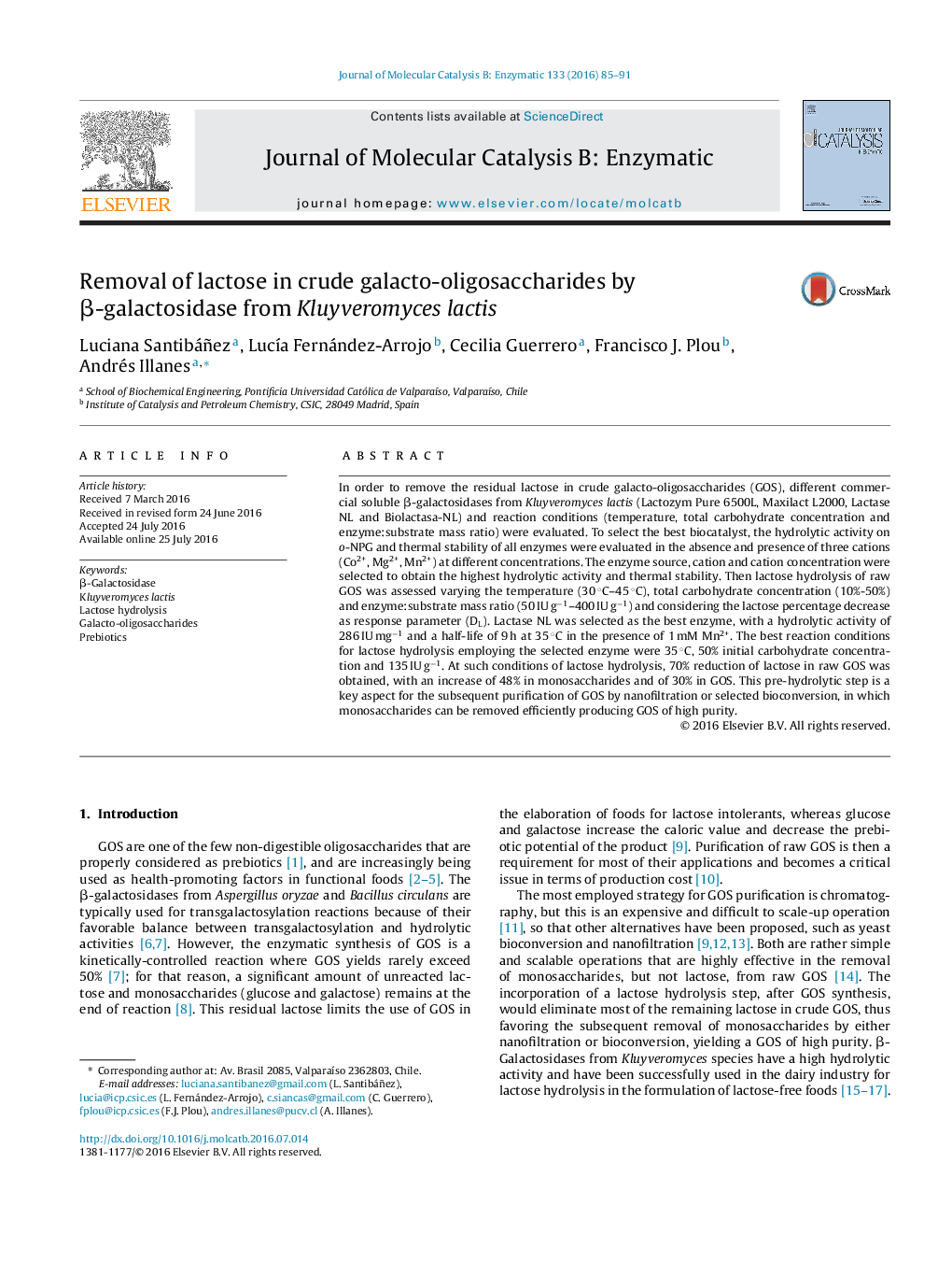 Removal of lactose in crude galacto-oligosaccharides by Î²-galactosidase from Kluyveromyces lactis