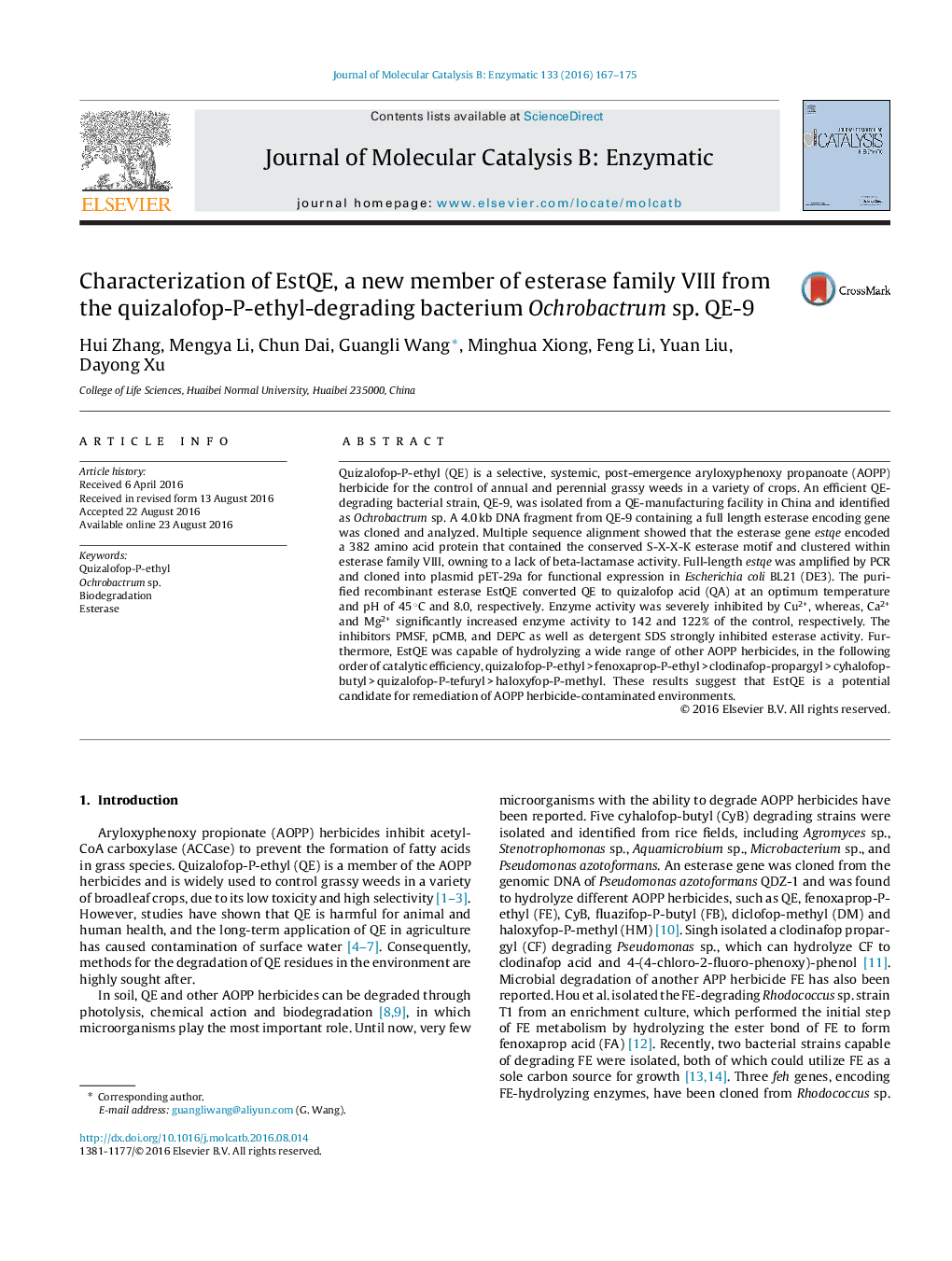 Characterization of EstQE, a new member of esterase family VIII from the quizalofop-P-ethyl-degrading bacterium Ochrobactrum sp. QE-9