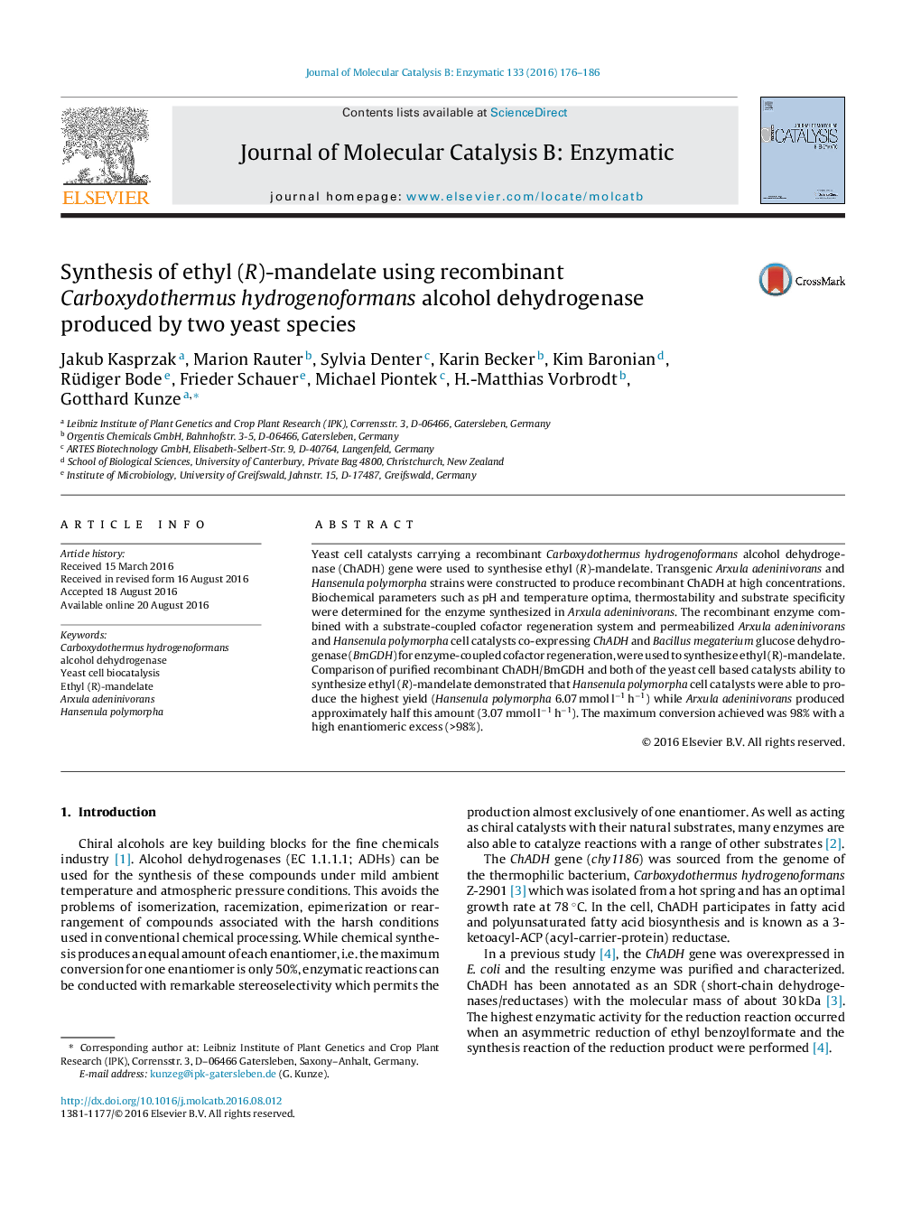 Synthesis of ethyl (R)-mandelate using recombinant Carboxydothermus hydrogenoformans alcohol dehydrogenase produced by two yeast species