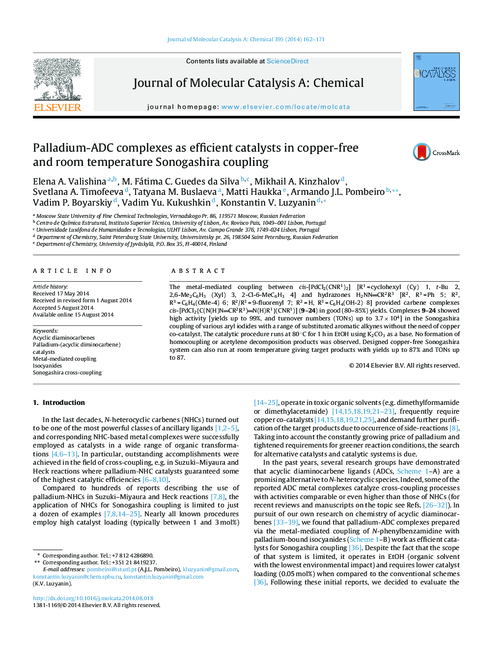 Palladium-ADC complexes as efficient catalysts in copper-free and room temperature Sonogashira coupling