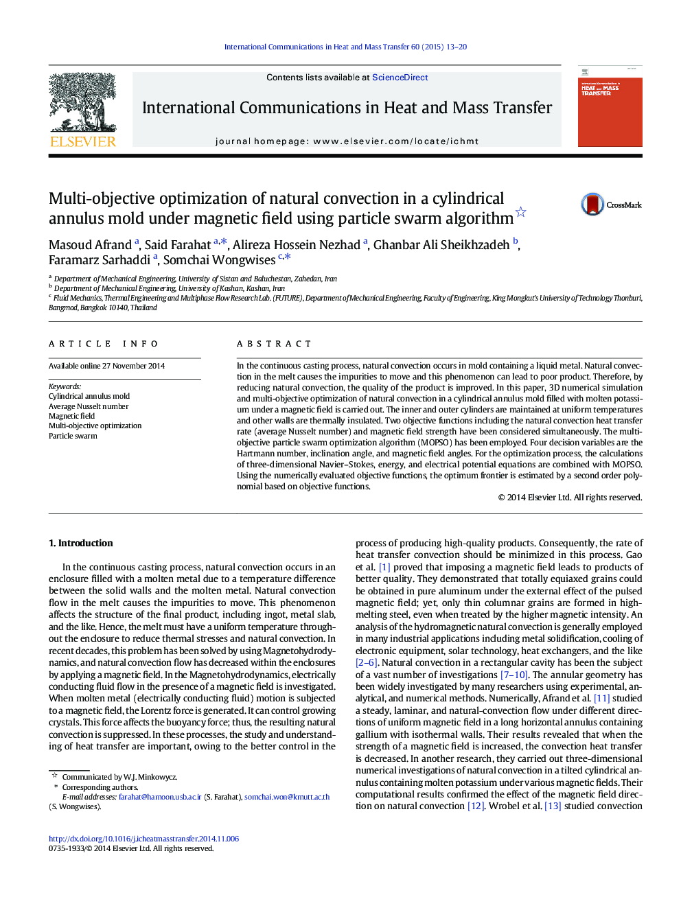 Multi-objective optimization of natural convection in a cylindrical annulus mold under magnetic field using particle swarm algorithm 