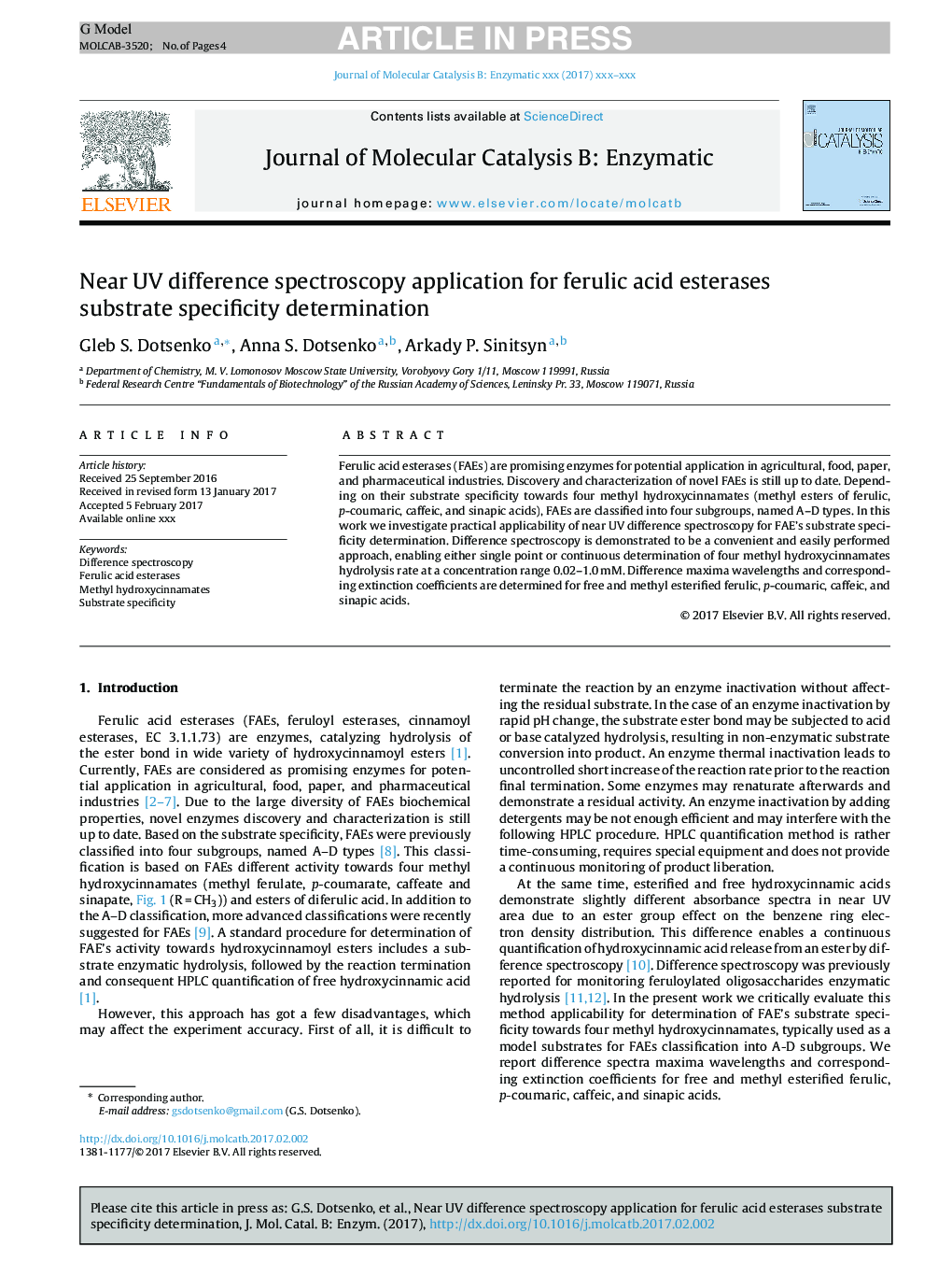 Near UV difference spectroscopy application for ferulic acid esterases substrate specificity determination