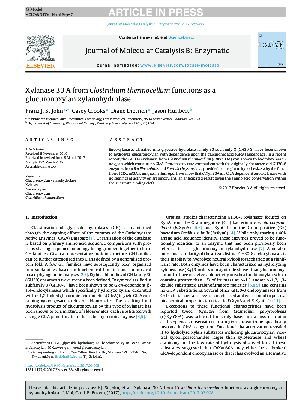 Xylanase 30 A from Clostridium thermocellum functions as a glucuronoxylan xylanohydrolase