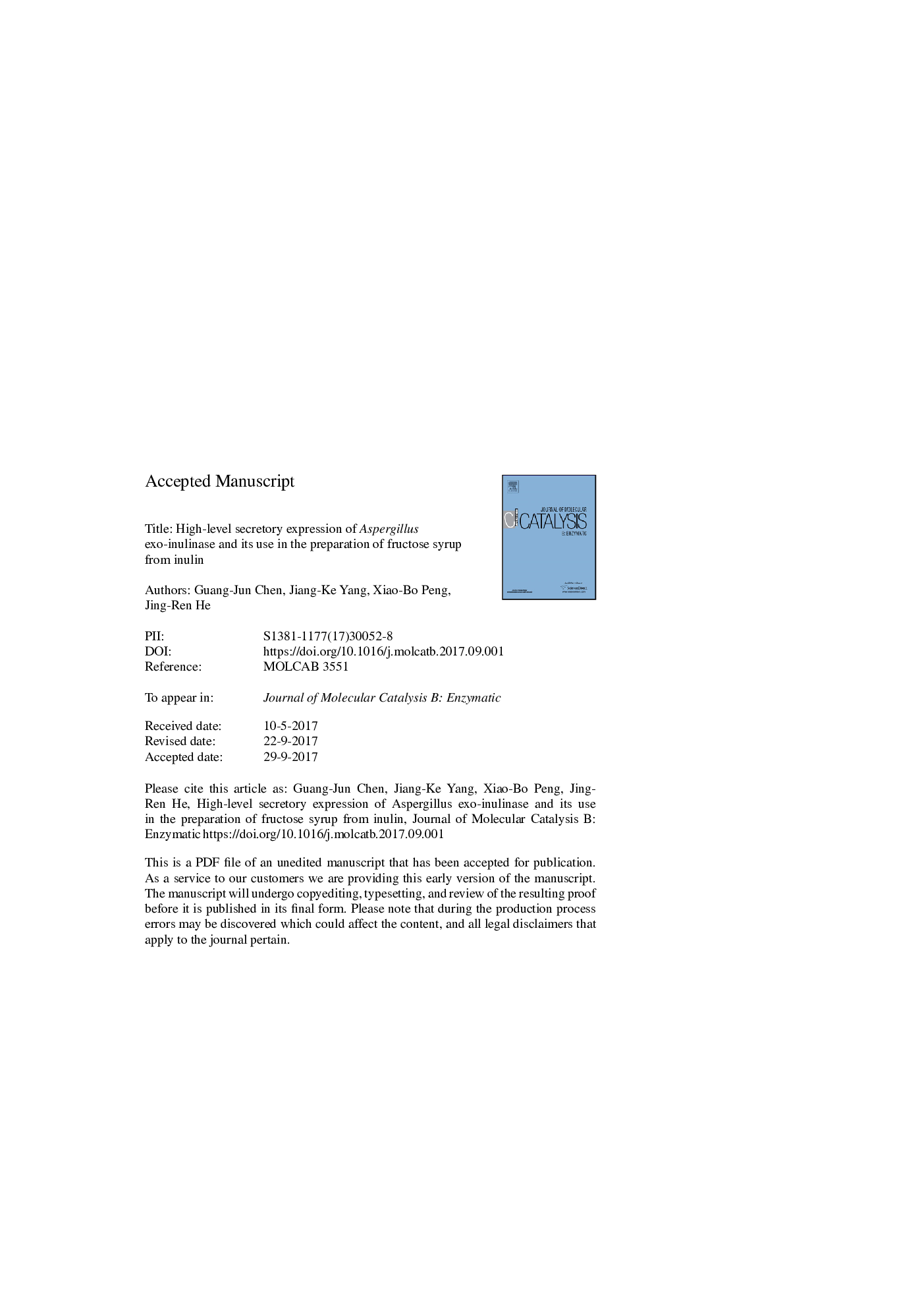 High-level secretory expression of Aspergillus exo-inulinase and its use in the preparation of fructose syrup from inulin