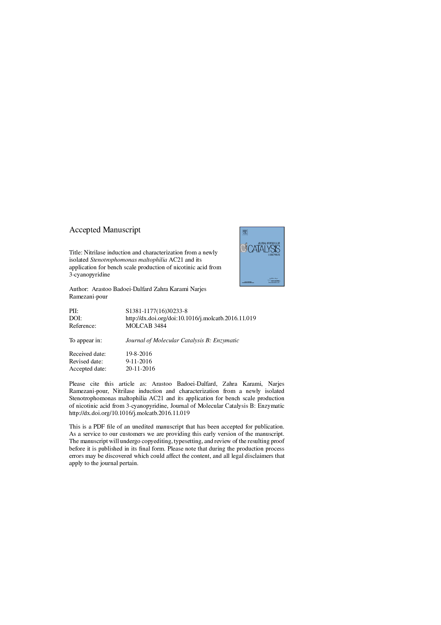 Bench scale production of nicotinic acid using a newly isolated Stenotrophomonas maltophilia AC21 producing highly-inducible and versatile nitrilase