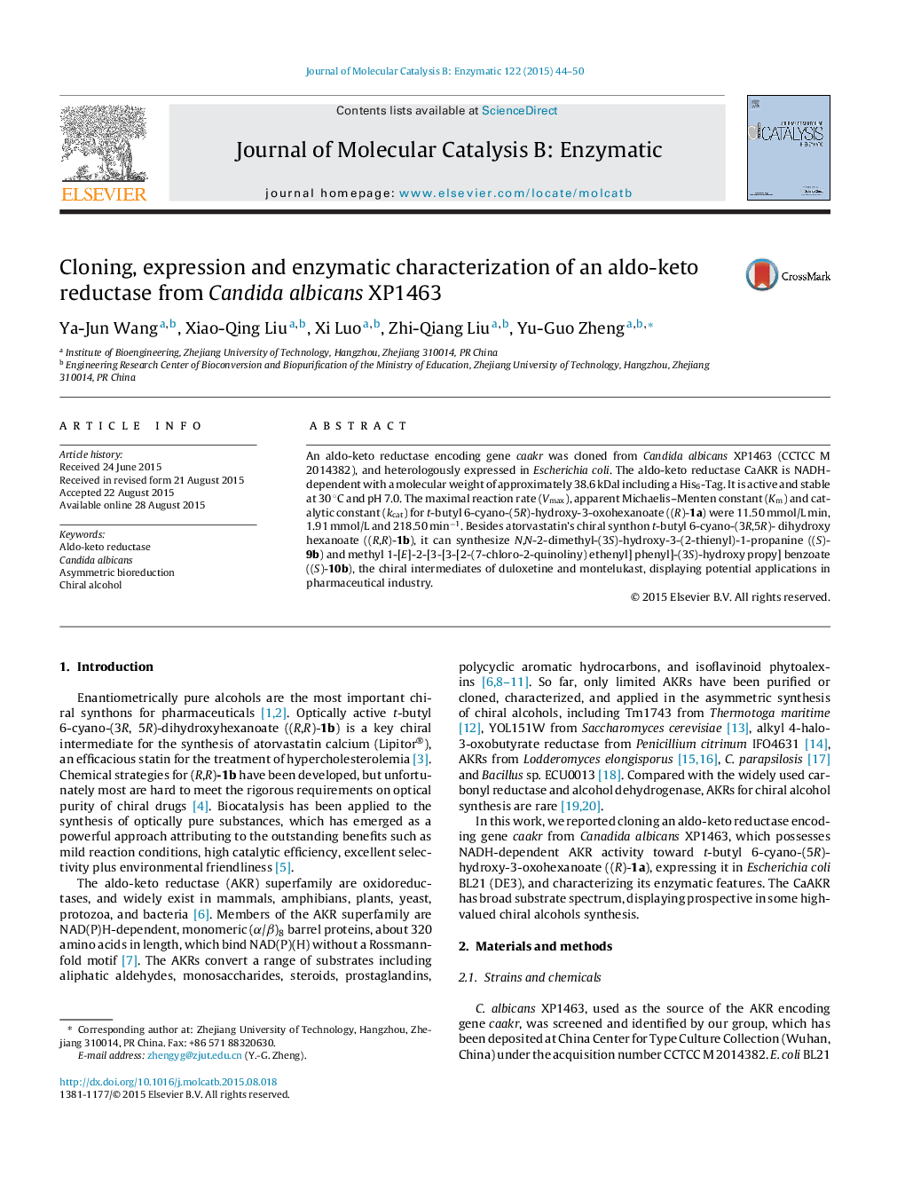 Cloning, expression and enzymatic characterization of an aldo-keto reductase from Candida albicans XP1463