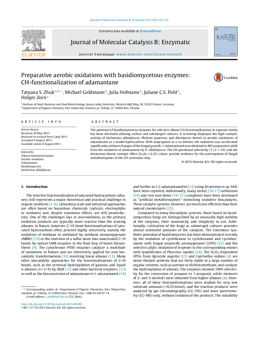 Preparative aerobic oxidations with basidiomycetous enzymes: CH-functionalization of adamantane