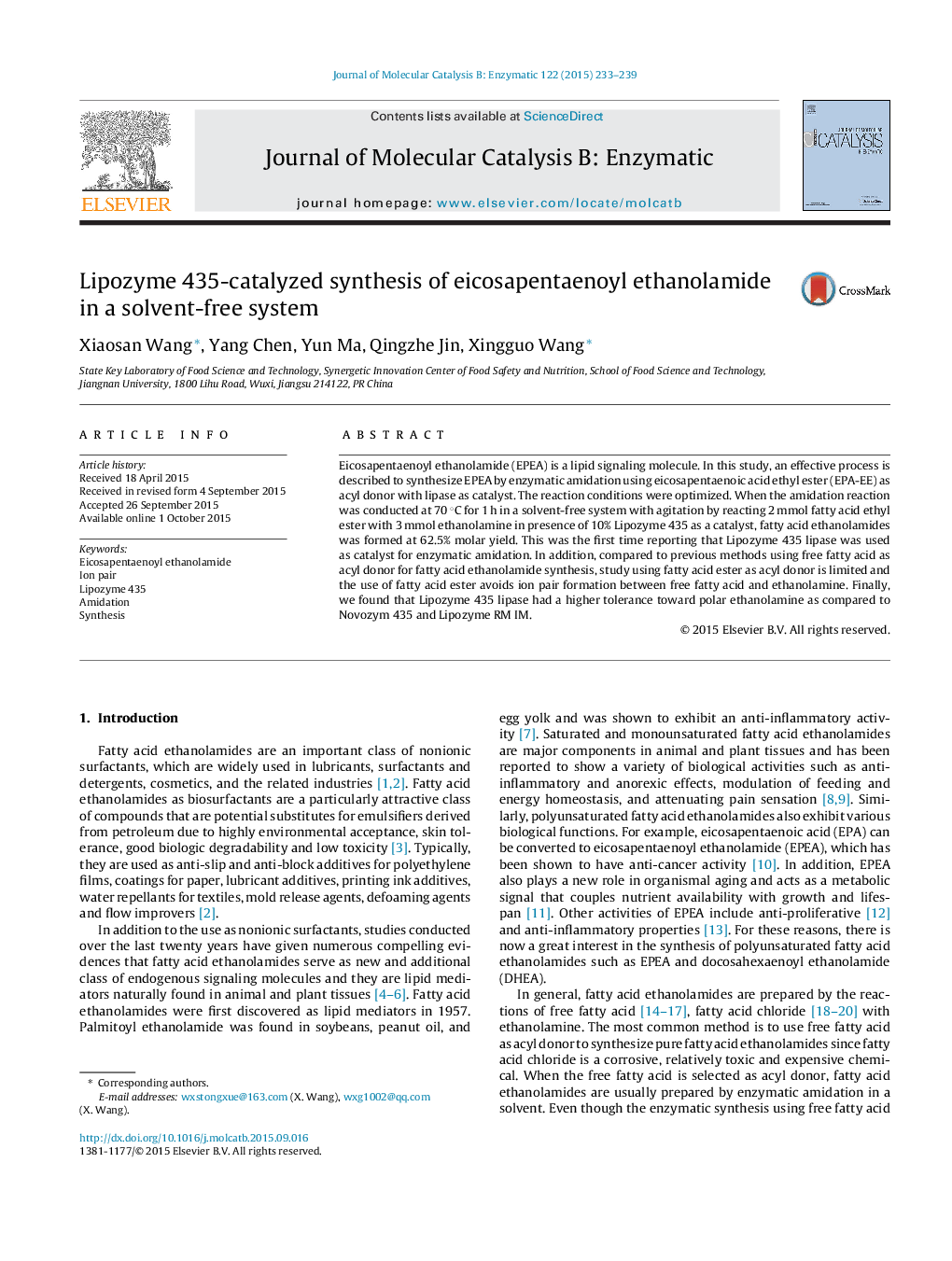 Lipozyme 435-catalyzed synthesis of eicosapentaenoyl ethanolamide in a solvent-free system