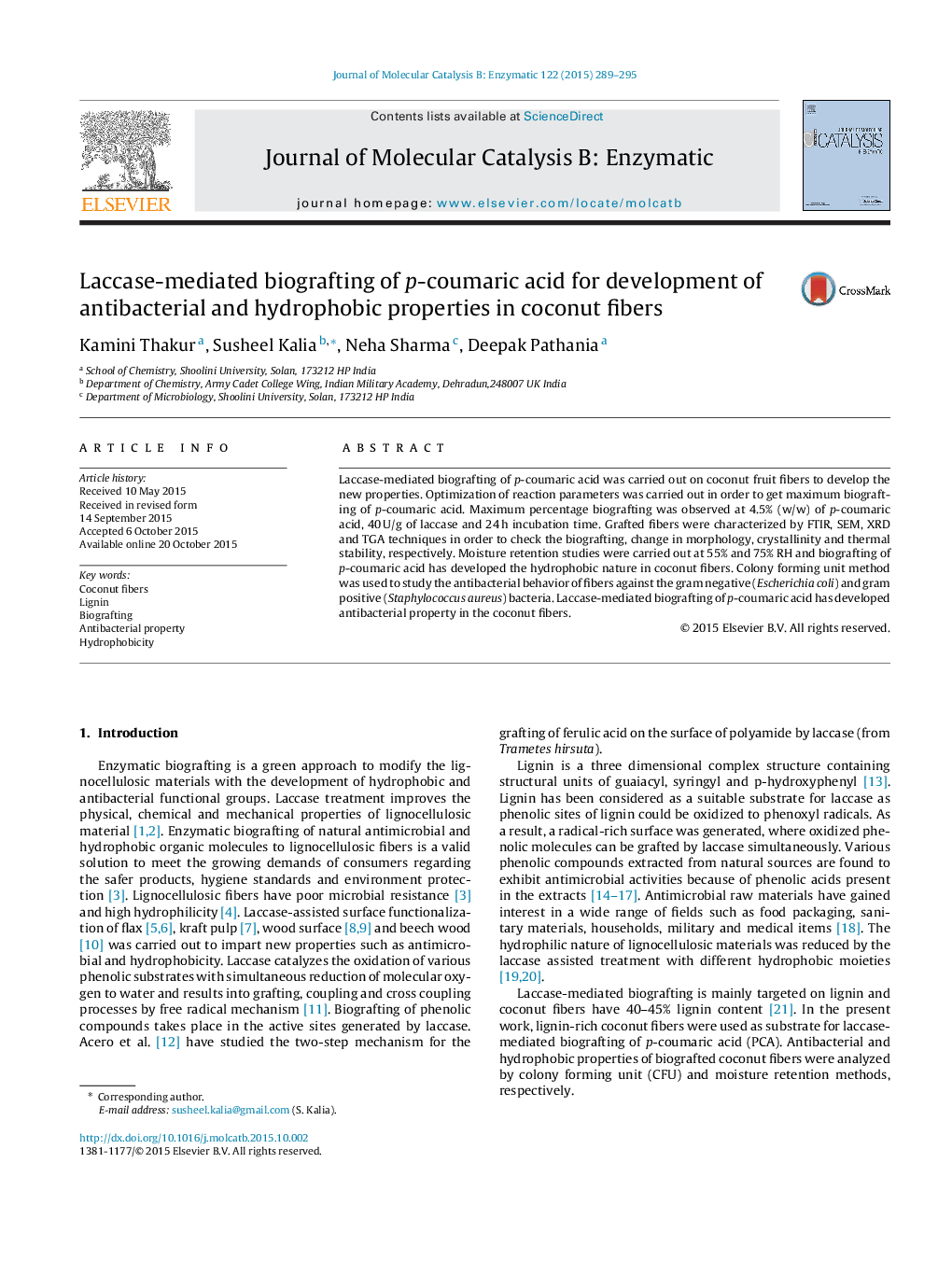 Laccase-mediated biografting of p-coumaric acid for development of antibacterial and hydrophobic properties in coconut fibers