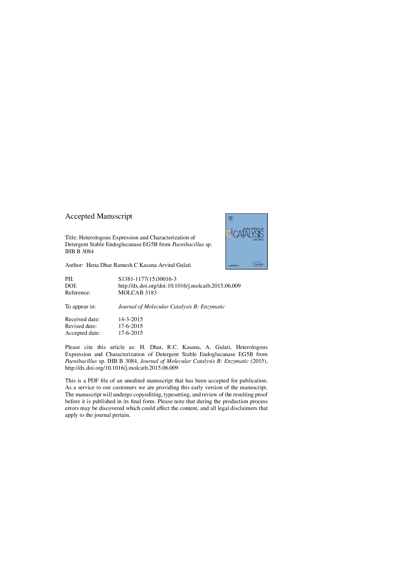 Heterologous expression and characterization of detergent stable endoglucanase EG5B from Paenibacillus sp. IHB B 3084